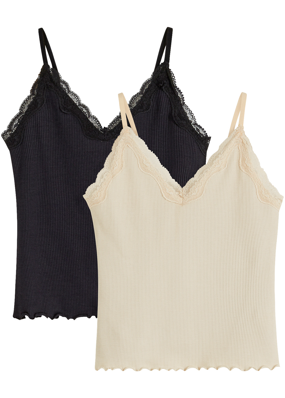 bonprix Ripptanktop Packung, 2er, aus Viskose, figurbetont, mit V-Ausschnitt und Spitzenbesatz, ärmellos