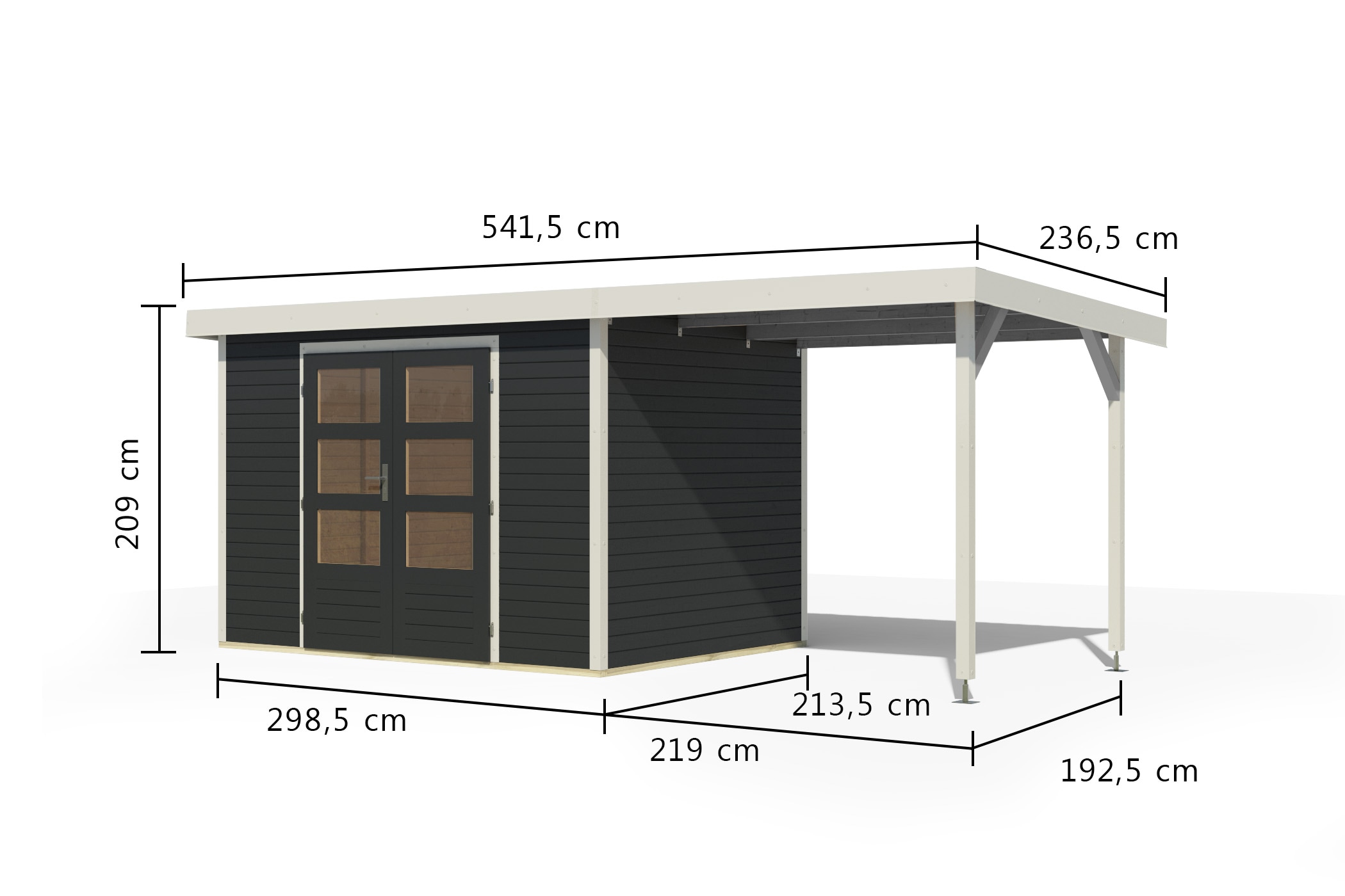 Karibu Gartenhaus »"Jupiter 4 C" SET anthrazit, mit Anbaudach 2,35 m breit«, hochwertige Materialien: nordische Fichte, Stahlecken, Trapezblechdach
