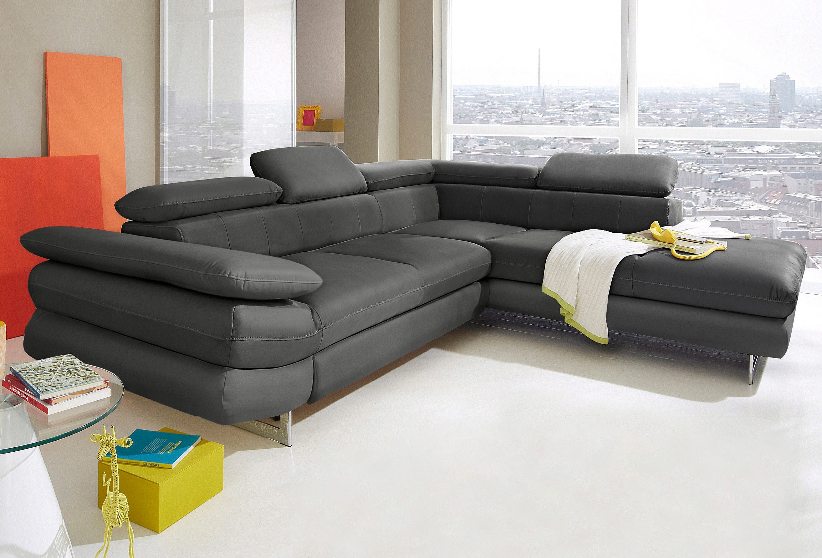 COTTA Ecksofa "Solution L-Form, Design Sofa, bequeme Wellenunterfederung, Design Fuß" mit Arm- & Kopfteilverstellung, wahlweise mit Schlaffunktion