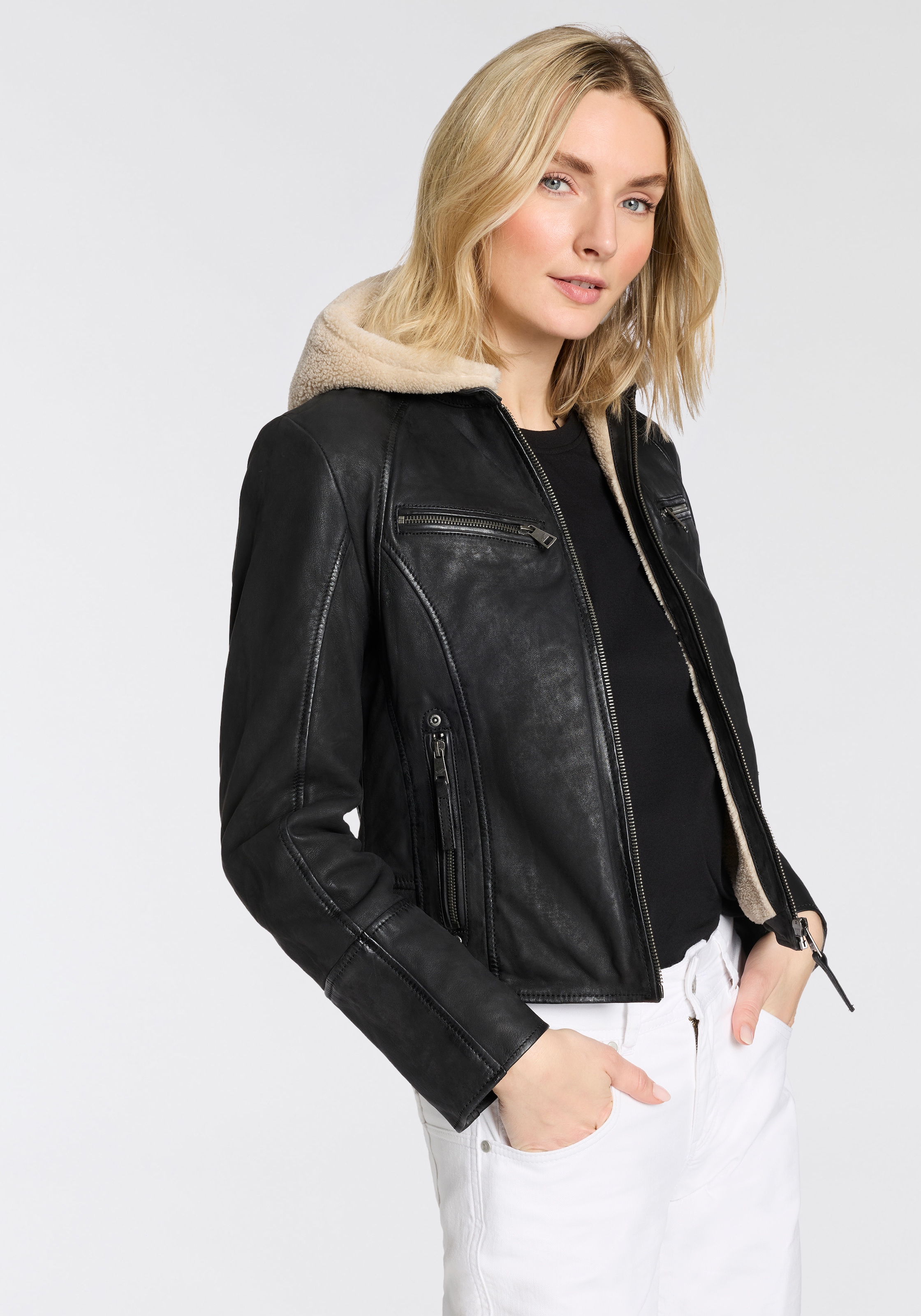 Mauritius Lederjacke "MWNedra" mit Kapuze mit abknöpfbarer Teddyplüsch-Kapu günstig online kaufen