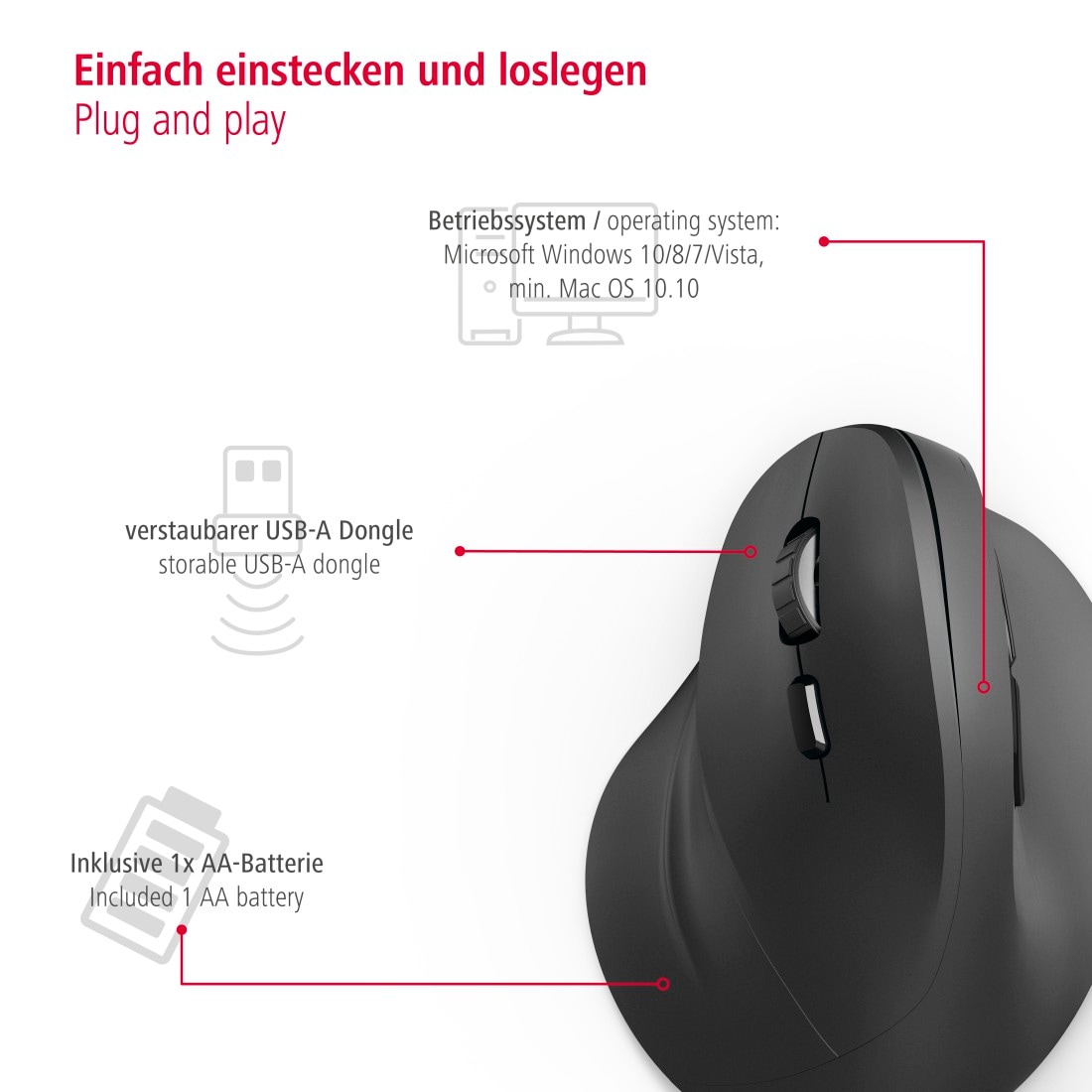 Hama ergonomische Maus »Computermaus kabellos schwarz«, ergonomisch, Linkshänder, USB für Empfänger Funkmaus, Tasten, DPI Funk, BAUR vertikal, Schalter, Browser 