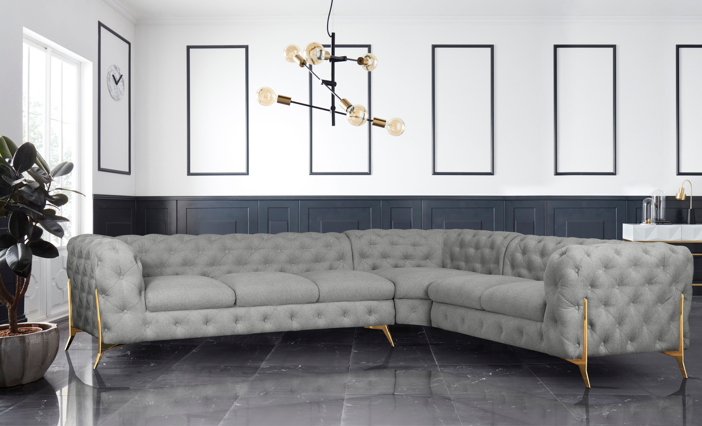 Leonique Chesterfield-Sofa »Amaury L-Form«, großes Ecksofa, Chesterfield-Optik, Breite 323 cm, Fußfarbe wählbar