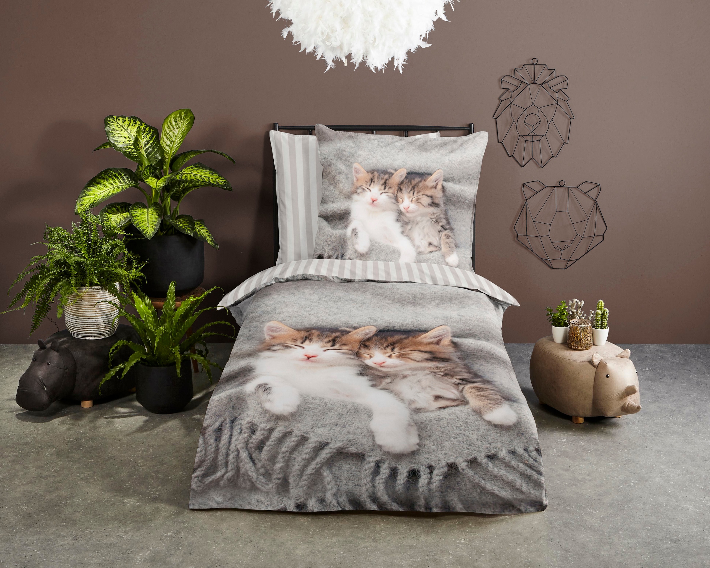 PURE luxury collection Kinderbettwäsche "Snooze", Mikrofaser, 135x200, Pflegeleicht, Reißverschluss, Wende, Kind, Katze