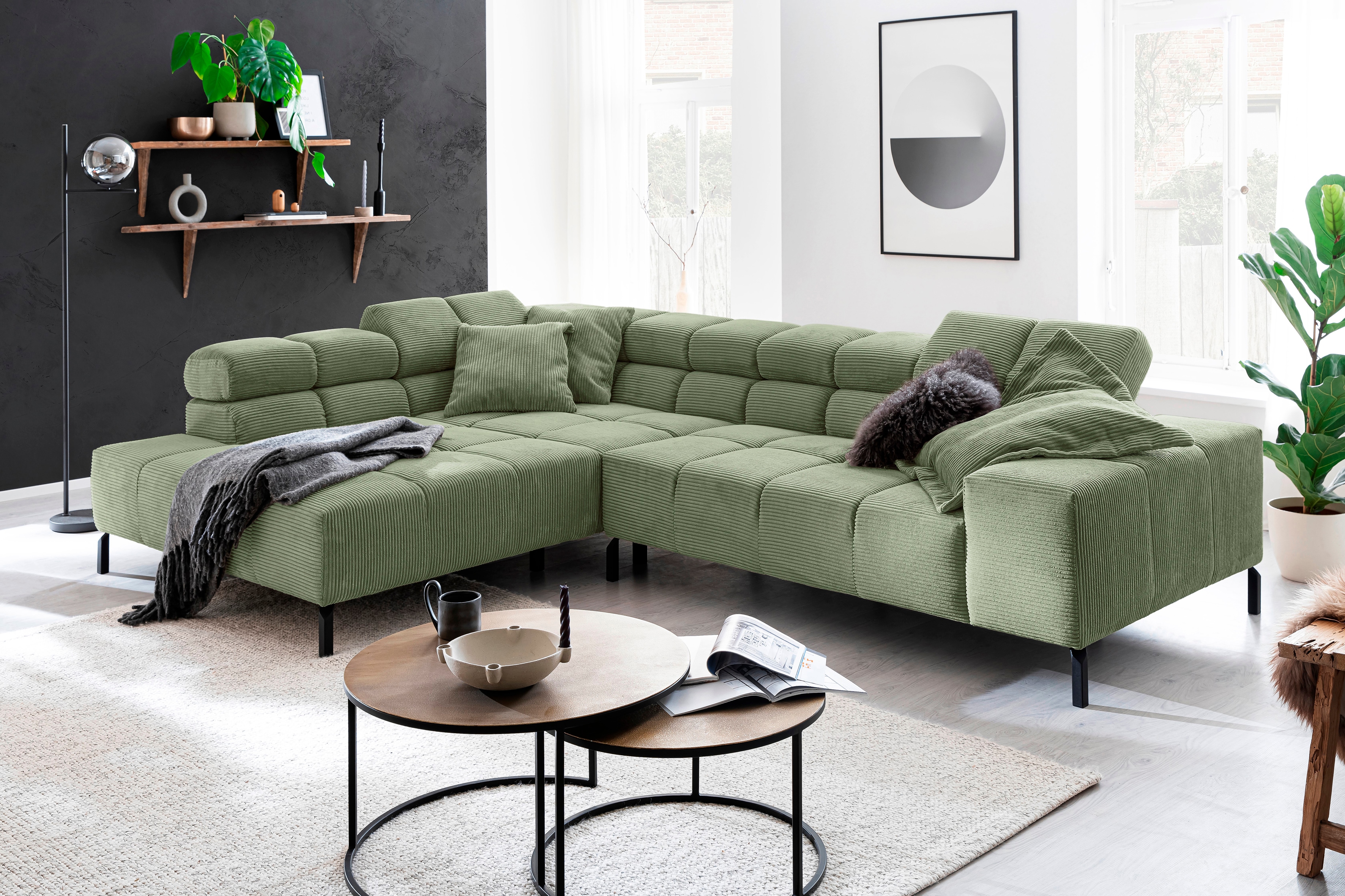 Home affaire Ecksofa "Ancona New, wahlweise motorische Sitztiefenverstellung, auch in Cord" feine Steppung, mit Kopfteilverstellung, 3 Zierkissen, L-Form