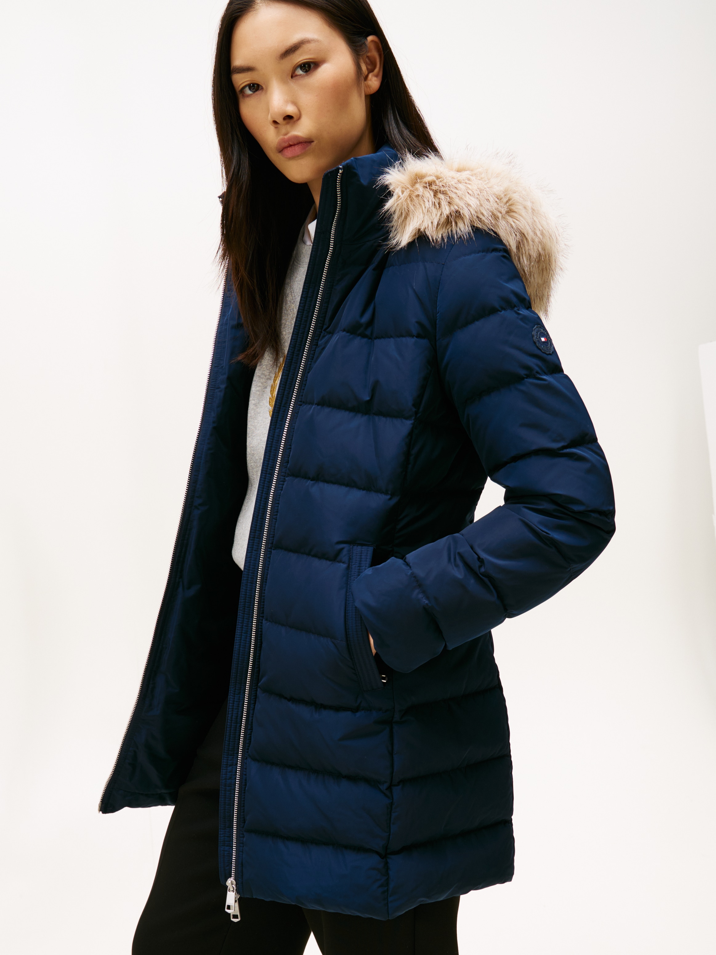 Tommy Hilfiger Steppmantel "MW DOWN SLIM COAT WITH FUR" mit Fellimitat günstig online kaufen