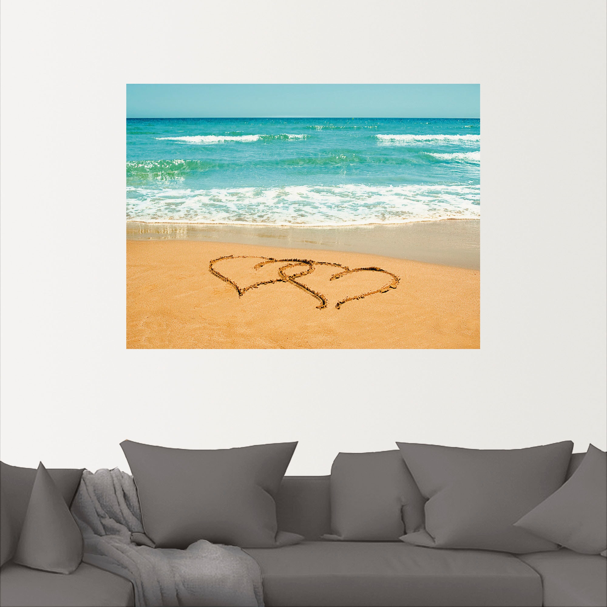 Artland Poster »Herzen im Sand«, Strand, (1 St.), als Alubild, Leinwandbild, Wandaufkleber oder Poster in versch. Größen