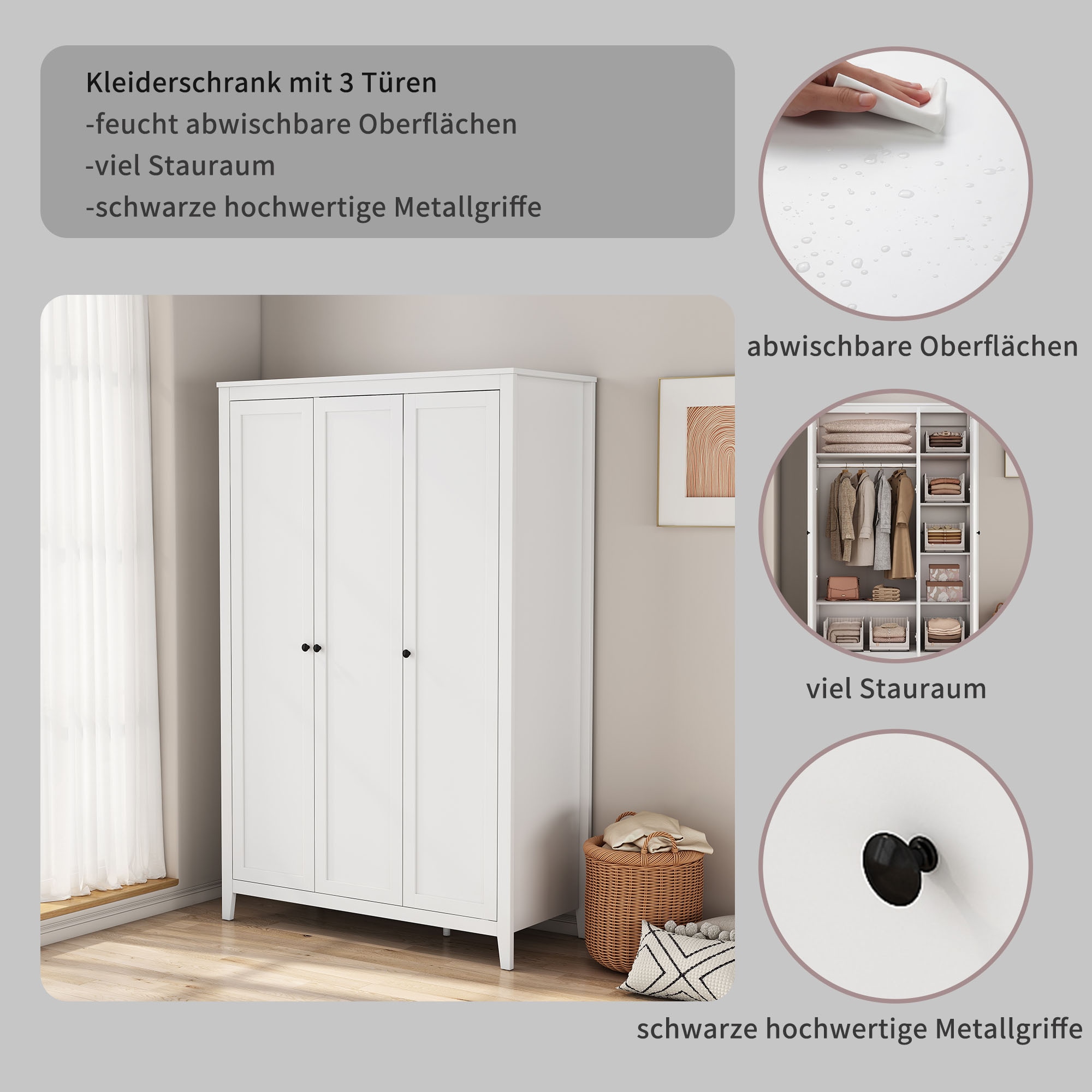 OTTO home Kleiderschrank »Borkum Schlafzimmerschrank Garderobe Landhaus Bestseller weiß« hochwertige schwarze Griffe aus Metall, 