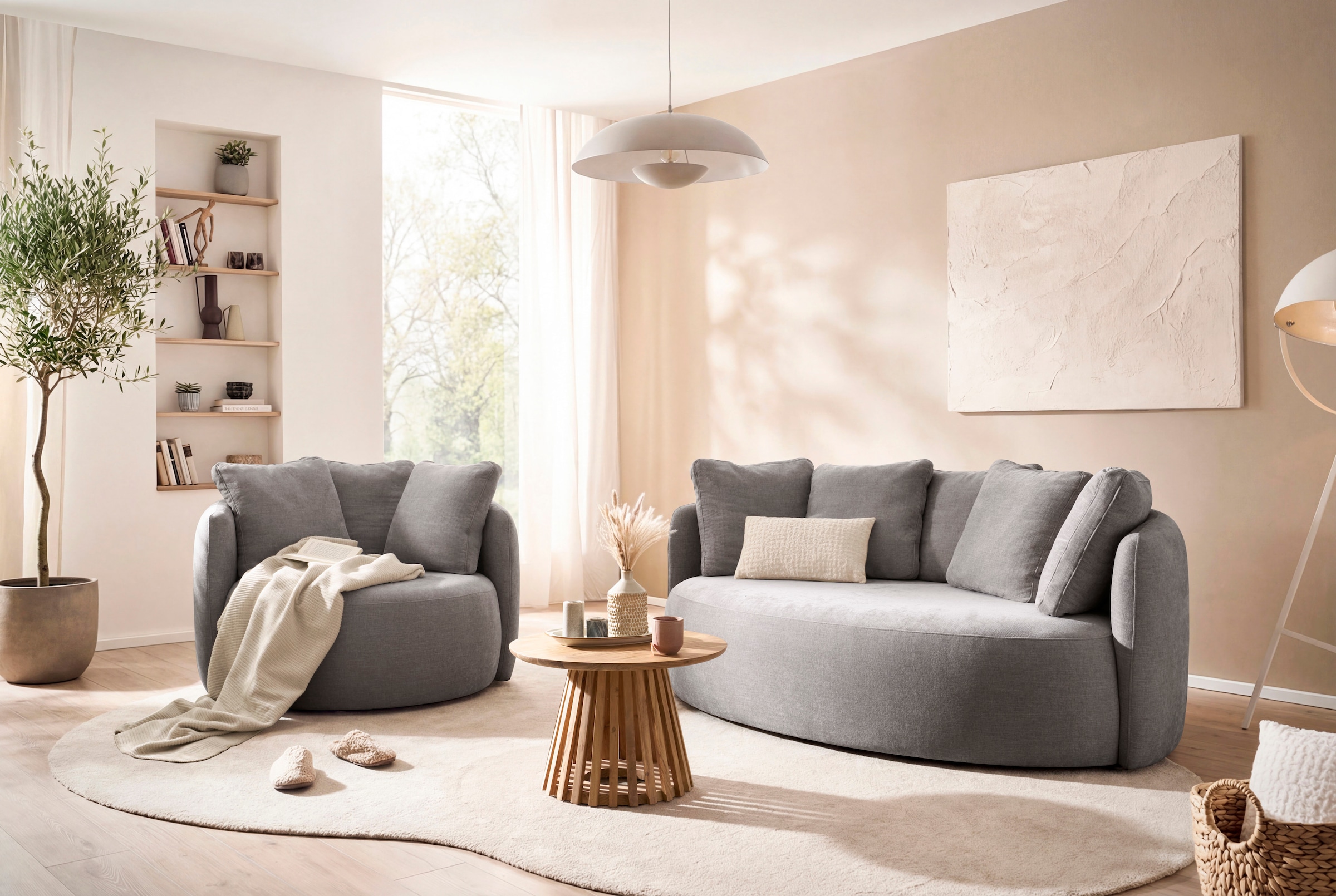OTTO home 2,5-Sitzer »Kaarl, rundes Loungesofa, Sofa mit Kissen, perfekt gepolstert« Webstoff, in fünf Farben, zeitloses Design, inkl. 5 Rückenkissen