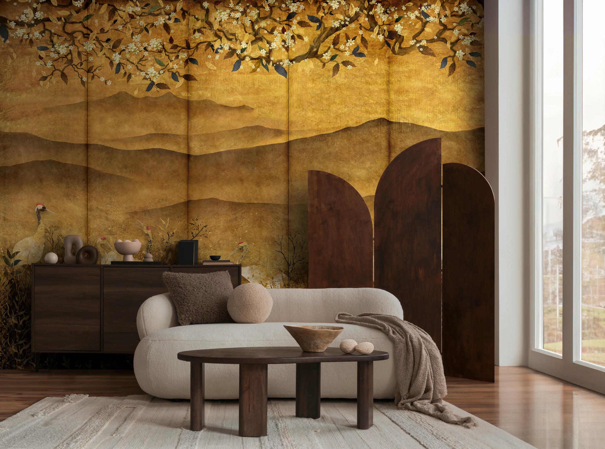 living walls Fototapete »The Wall 4 Flowers – Goldene Berge mit Blüten und Vögeln Fototapete« botanisch | floral | matt leicht strukturiert Goldene Berge mit Blüten und Vögeln – atmosphärischer Tiefe