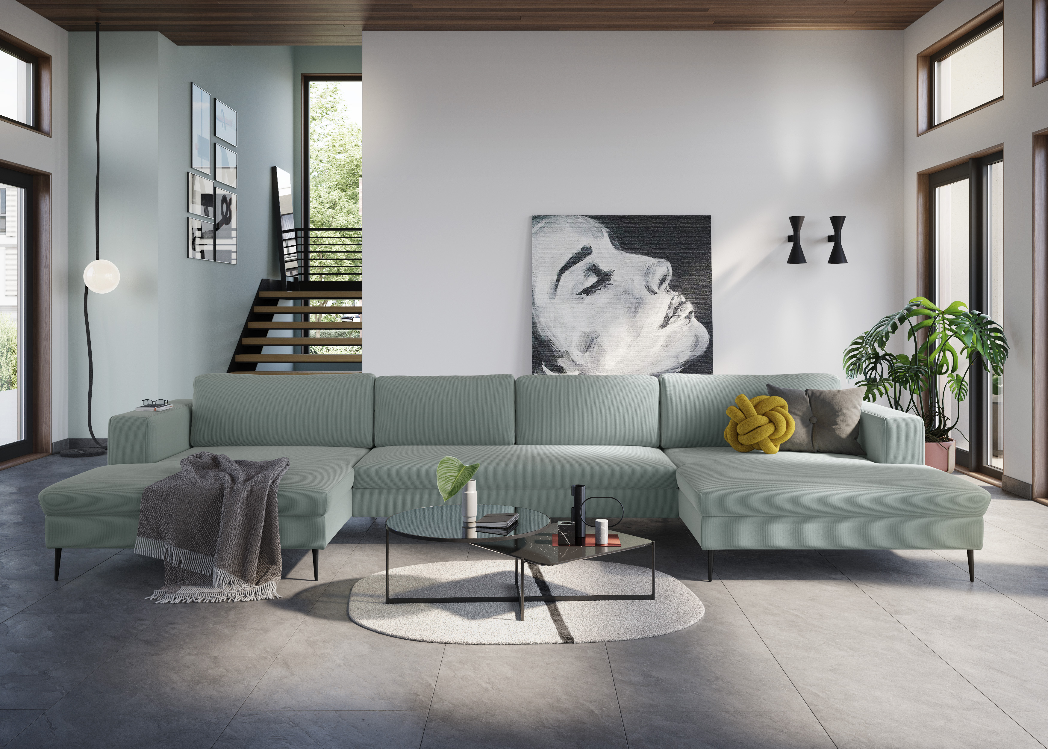 DOMO collection "Modica U-Form aktuelles, kubisches Design mit 2 Recamieren, viel Platz" XXL, auch in Cord, Fußhöhe passend für gängige Saugroboter