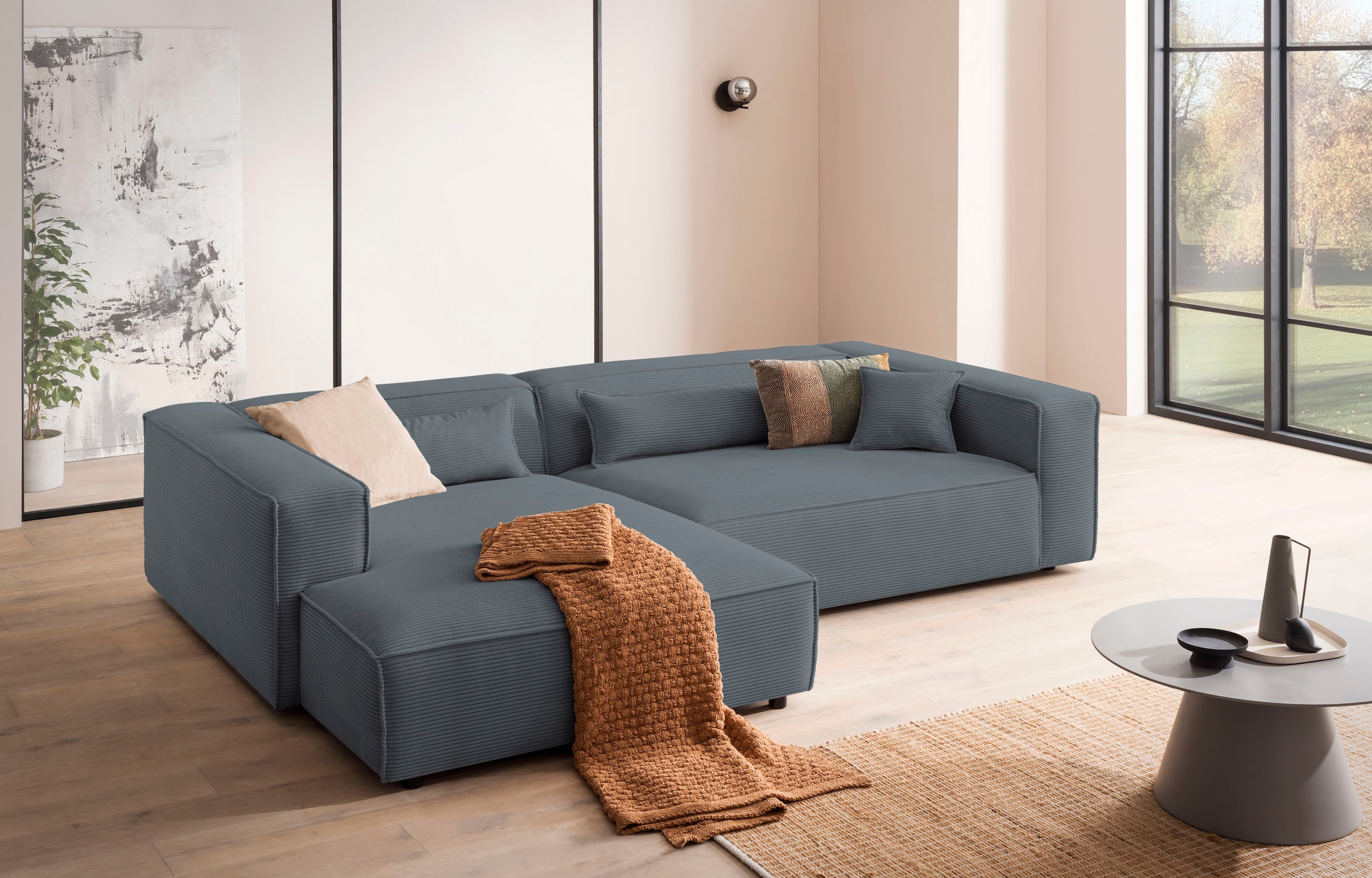 LeGer Home by Lena Gercke Ecksofa »PIARA XXL, Big-Sofa in Cord oder Leinenoptik, L-Form, mit Kedernaht«, wahlweise Ottomane rechts/links, schwarze Füße, extra tiefe Sitzfläche