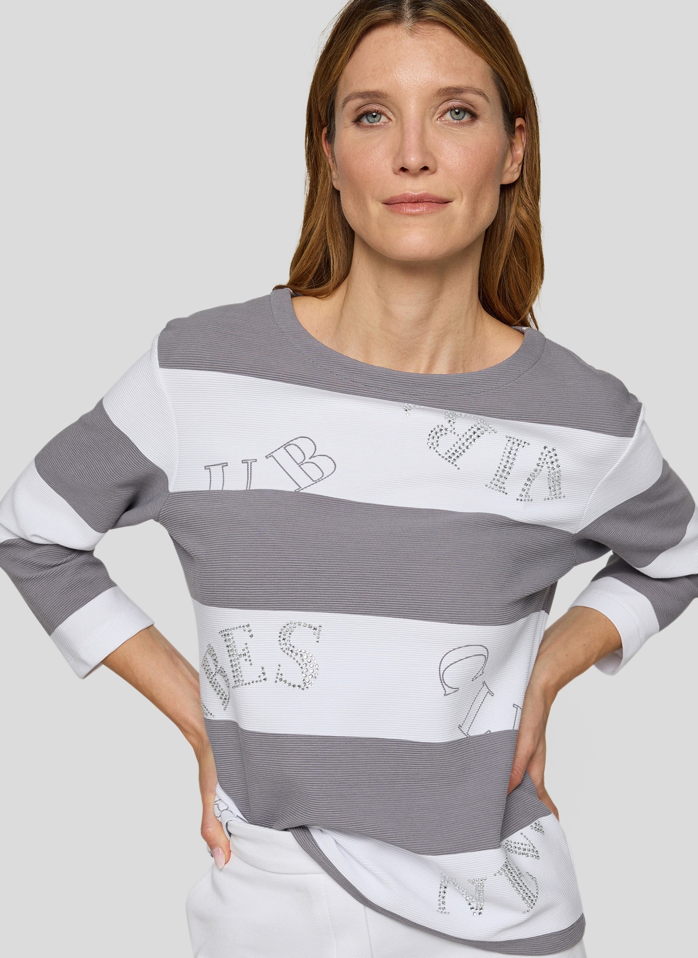 Print-Shirt RABE "T-Shirt", Damen, Gr. 42, grau, 76%Baumwolle, 16%Polyester, 8%Elasthan, geringelt, gerade, Shirts 3