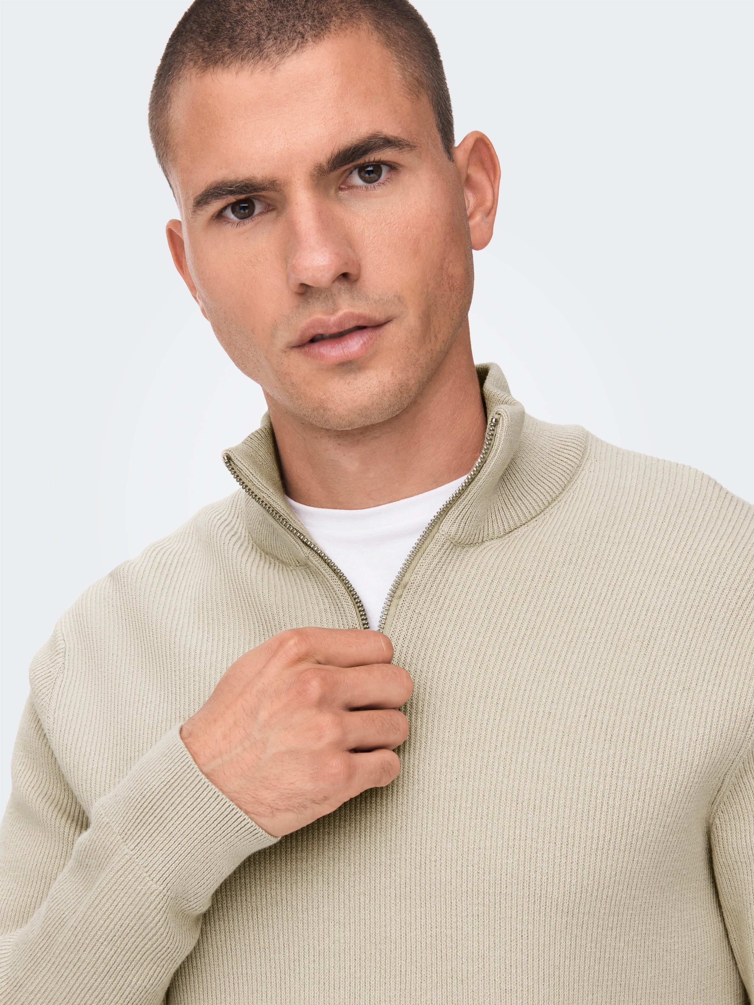 Strickpullover ONLY & SONS "OS Knit", Herren, Gr. XXL, beige (silber lining), Strick, Obermaterial: 88% Baumwolle, 12% Nylon, unifarben, normal normal, hoch geschlossener Ausschnitt, gerader Abschluss, Pullover Strickpullover 3