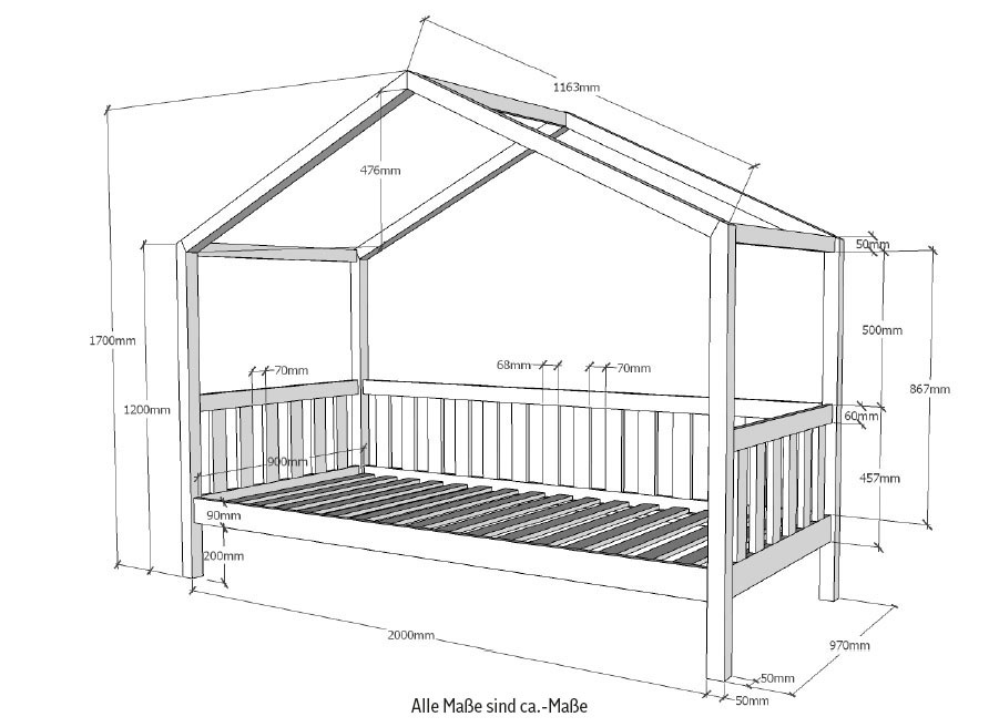 Vipack Hausbett »Dallas«, (Made in Europe), wahlweise mit Bettschublade oder Textilhimmel, Ausf. natur oder weiß