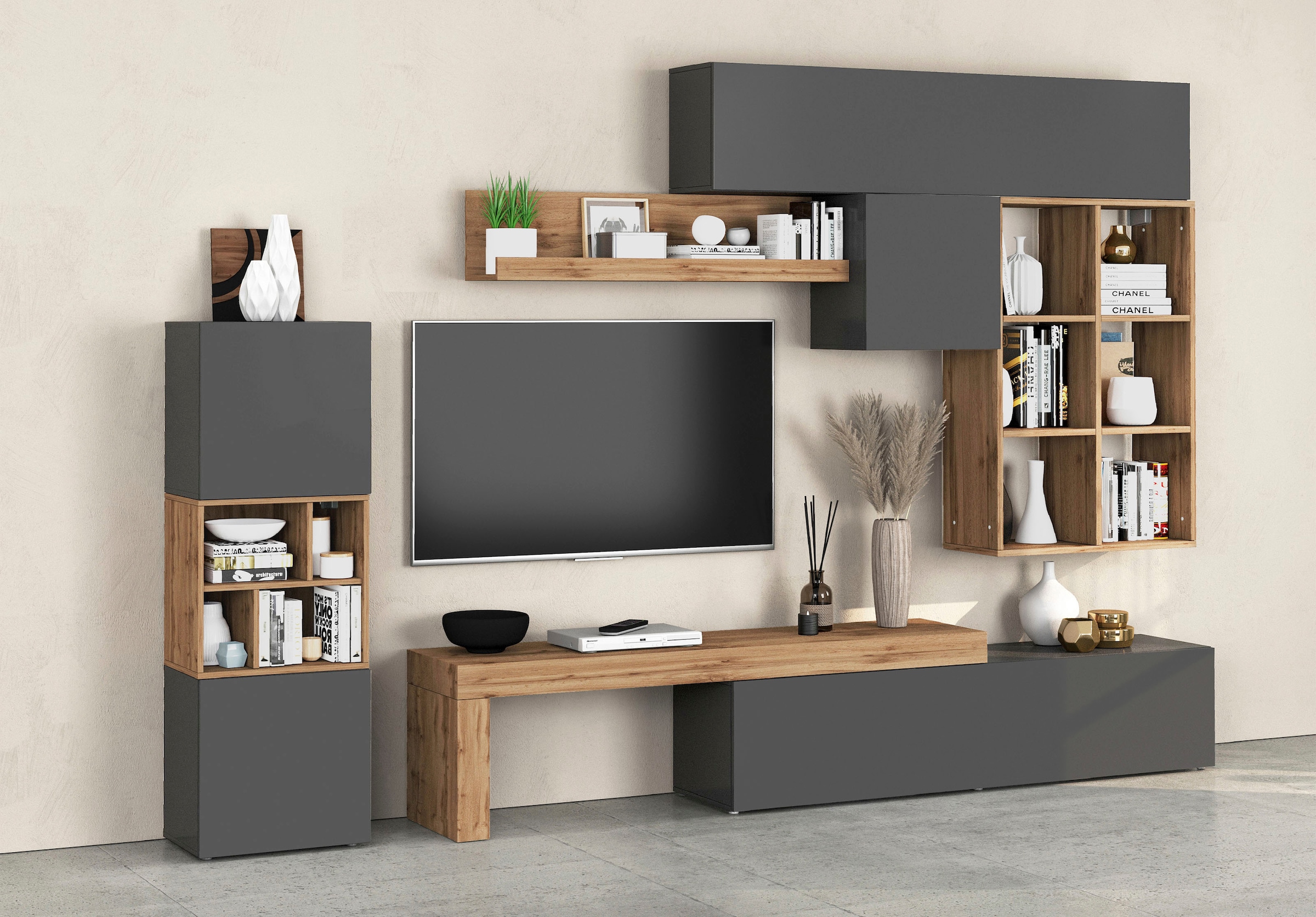 INOSIGN Wohnwand »Chronos Wohnwand, Medienwand, 8-er set«, (Set, 8 St.), ca. 320 cm mit Hängeschränke, Würfel, Regal, Lowboard, Made in Italy