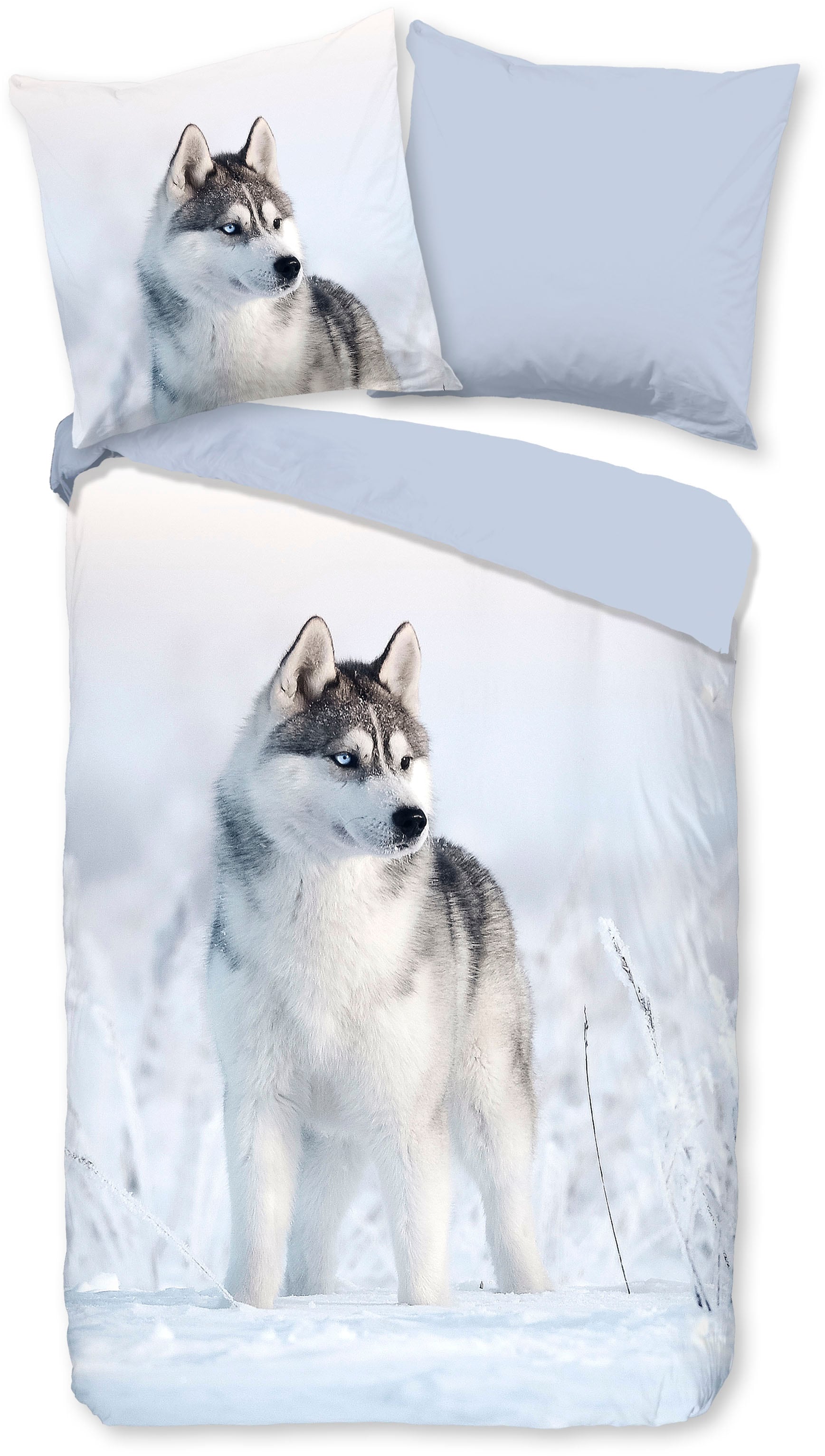 good morning Wendebettwäsche "Sachar", Baumwolle, 135x200, Reißverschluss, Wendeoptik, Winter, Husky, Blau