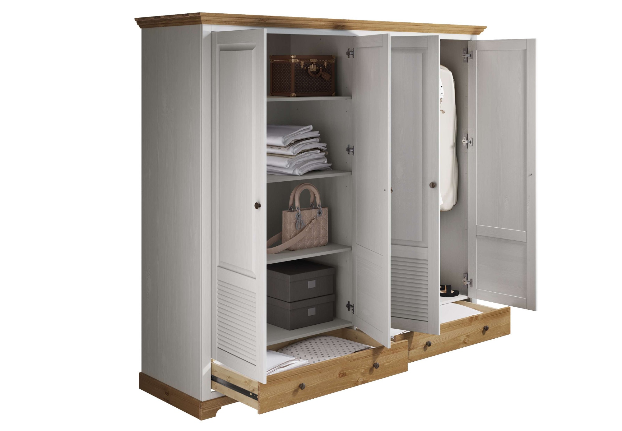 Home affaire Kleiderschrank »Rauna, aus massiver Kiefer, 4-türig, mit Lamellen und Kassetten«, (B/H/T ca. 203/183/61), FSC® zertifiziertes Massivholz (Kiefer), robuste Qualität