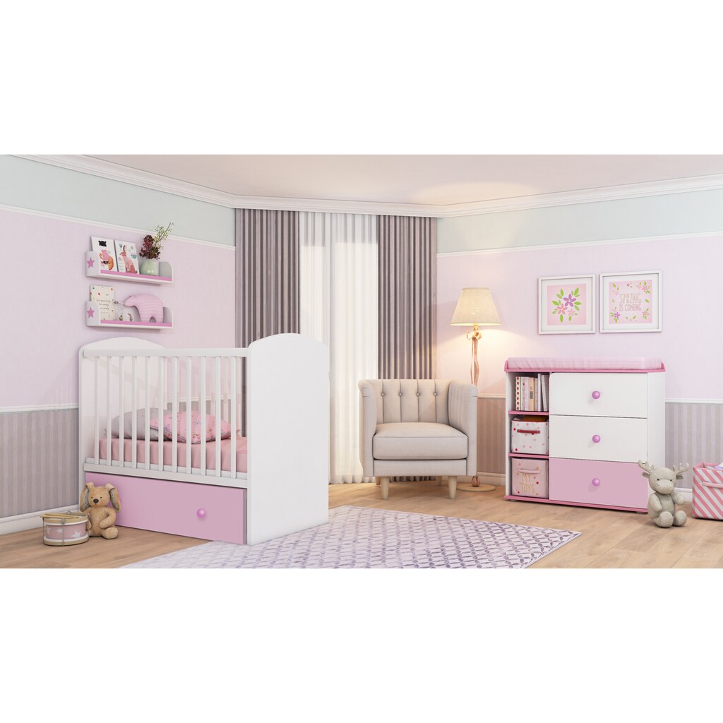 Polini kids Babybett »Sky 745, Weiß-Rosa«, mit Bettschubkasten und Schaukelfunktion