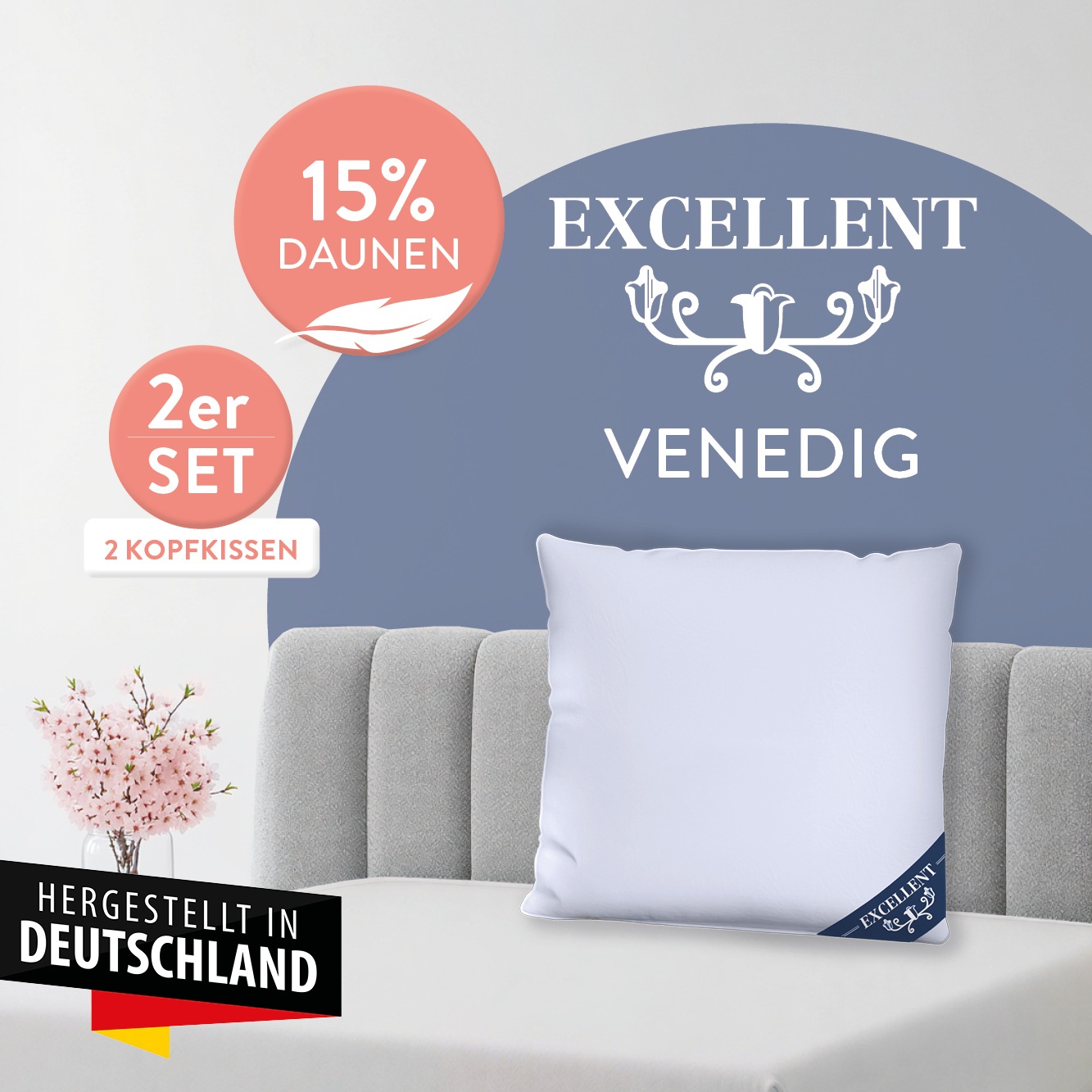Excellent Kopfkissen "Venedig, Kuschel- oder Kopfkissen 1-tlg. oder 2 -tlg., Daunen & Federn" Füllung: 85% Federn / 15% Daunen 2 Kopfkissen, 2 Stk. tlg. Deko- oder Kopfkissen in vielen Größen