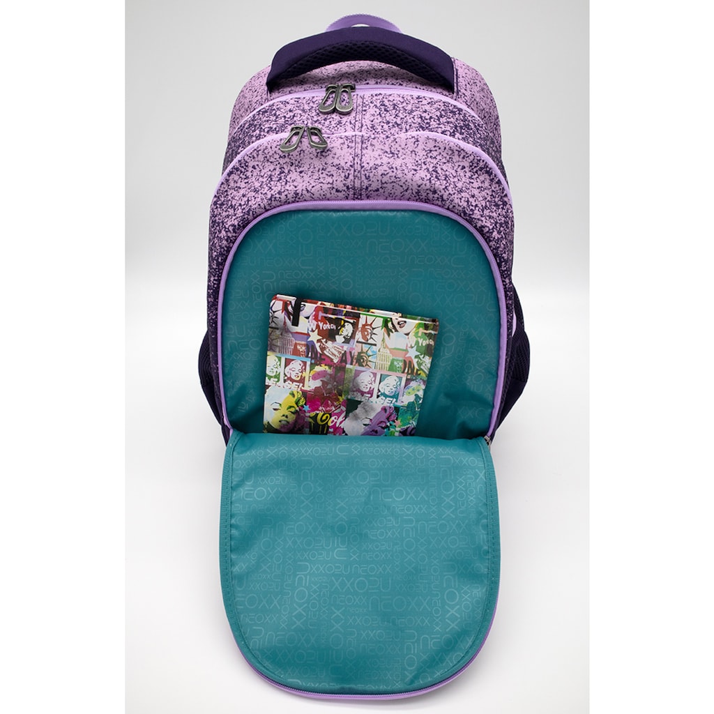 neoxx Schulrucksack »Fly, Glitterally perfect«, Reflektionsnaht, aus recycelten PET-Flaschen