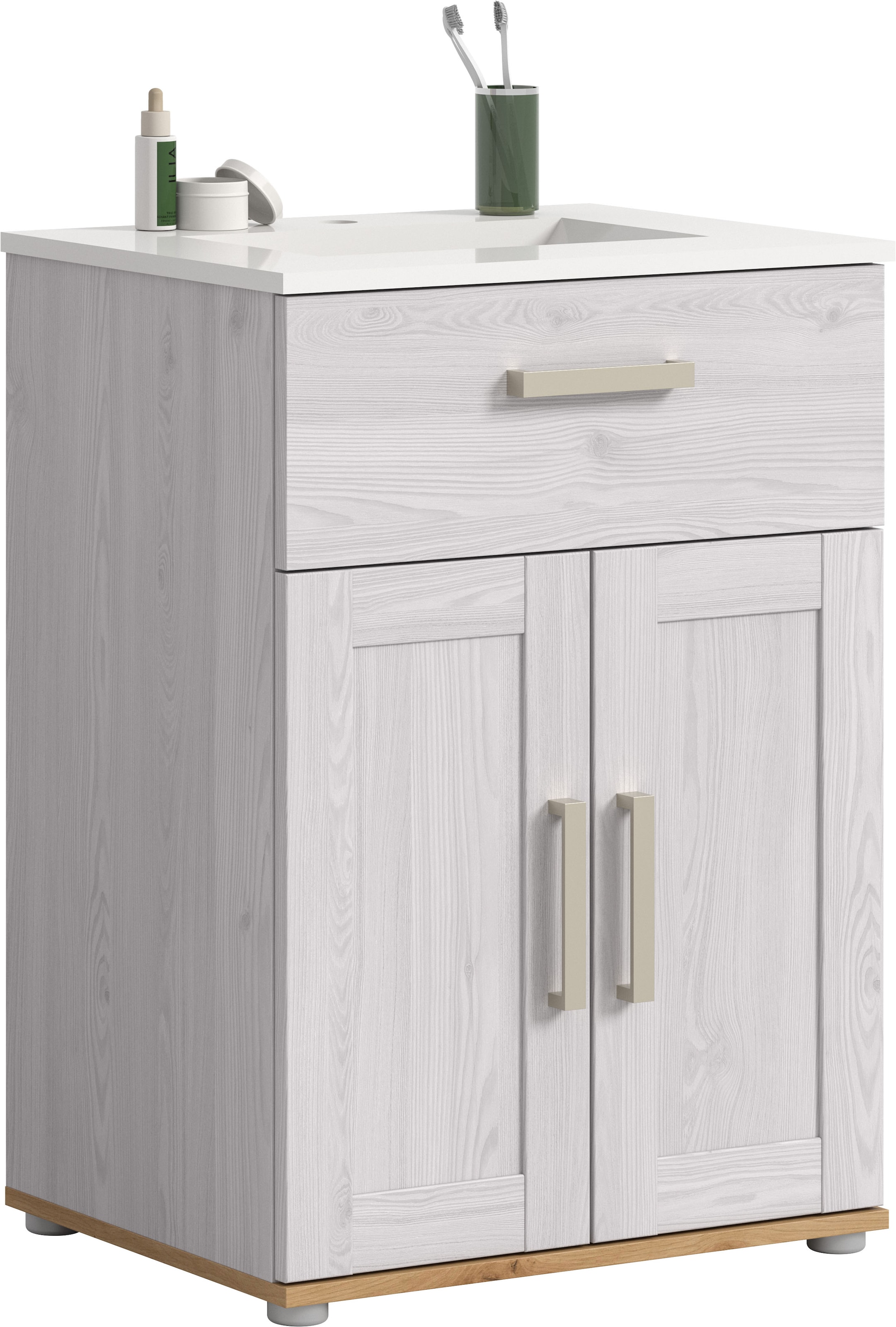 welltime Waschtisch "COSENZA, inkl. Keramik-Waschbecken, 2 Türen, 1 Schubkasten" in Landhausoptik, mit weiteren Artikel der Serie kombinierbar, 2 Stk. tlg. Waschbecken, Waschbeckenschrank, Badezimmer, Bad, Waschtisch, Kommode