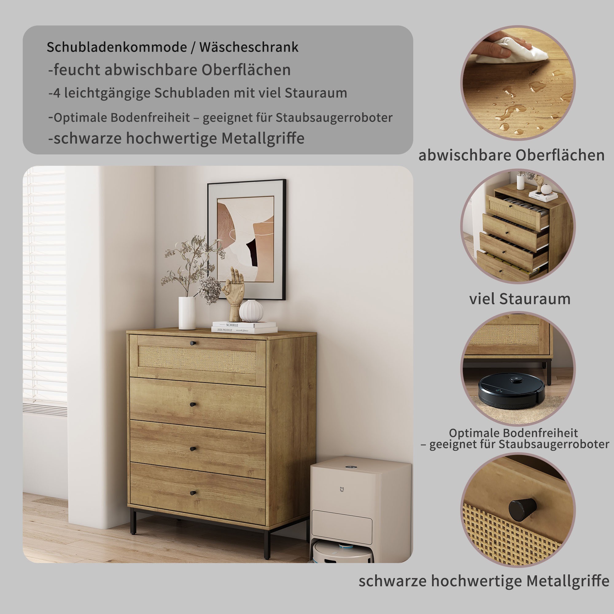 Thumbnail - OTTO home Kombikommode "Motala Sideboard Wäscheschrank im BOHO Design Bestseller Kommode" Eichen-Design mit Geflecht Sch...