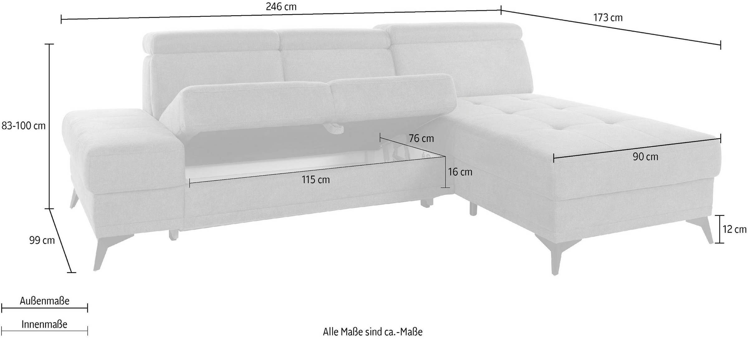 INOSIGN Ecksofa »Cardiz L-Form«, inkl.Kopfteilverstellung und Federkern wahlweise mit Bettfunktion