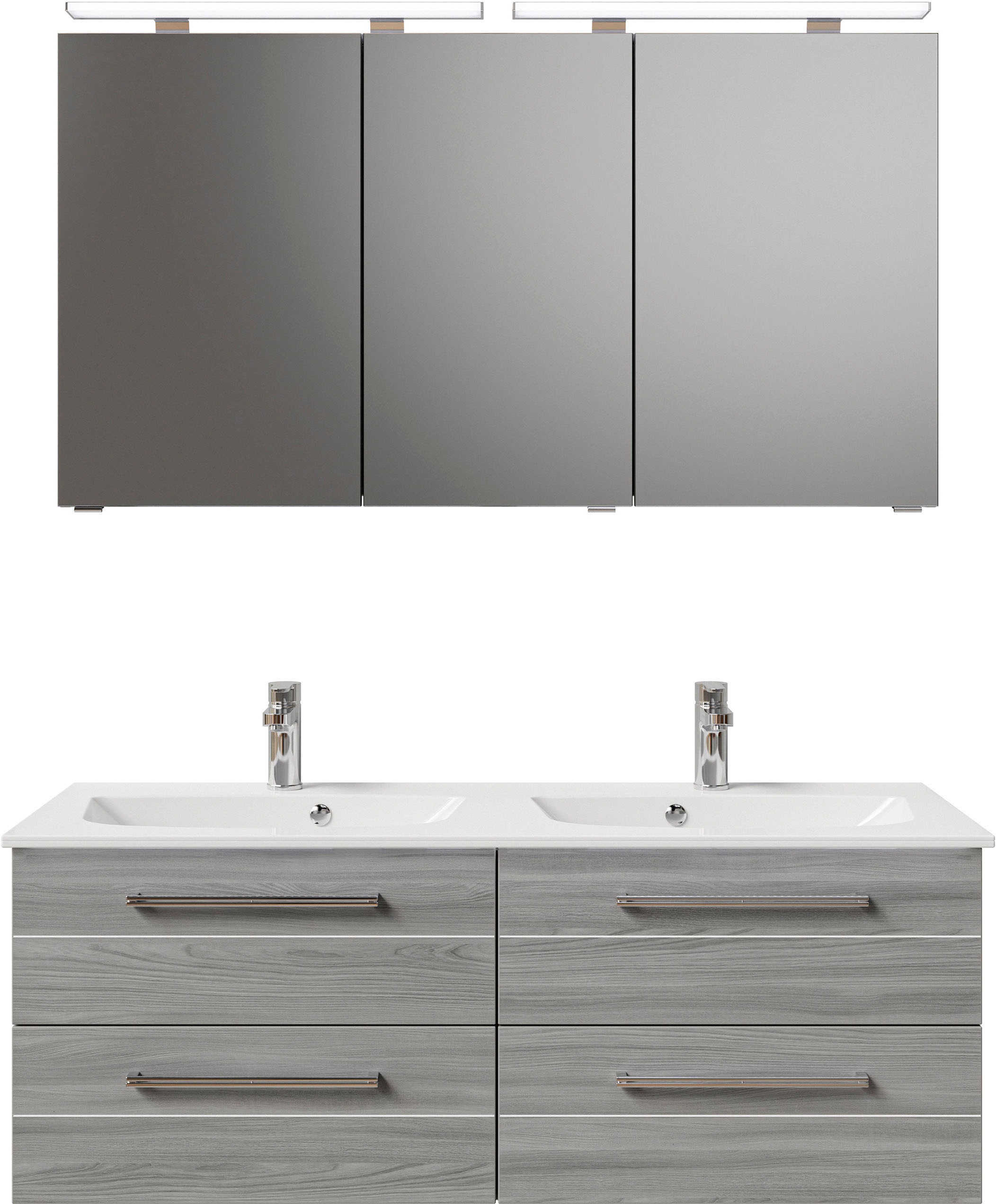Saphir Badmöbel-Set »Serie 6025 2-teilig Mineralmarmor-Waschtisch mit LED-Spiegelschrank«, (2 St.), Waschplatz 132cm breit, 4 Schubladen, 2 Spiegel-Türen, inkl Türdämpfer