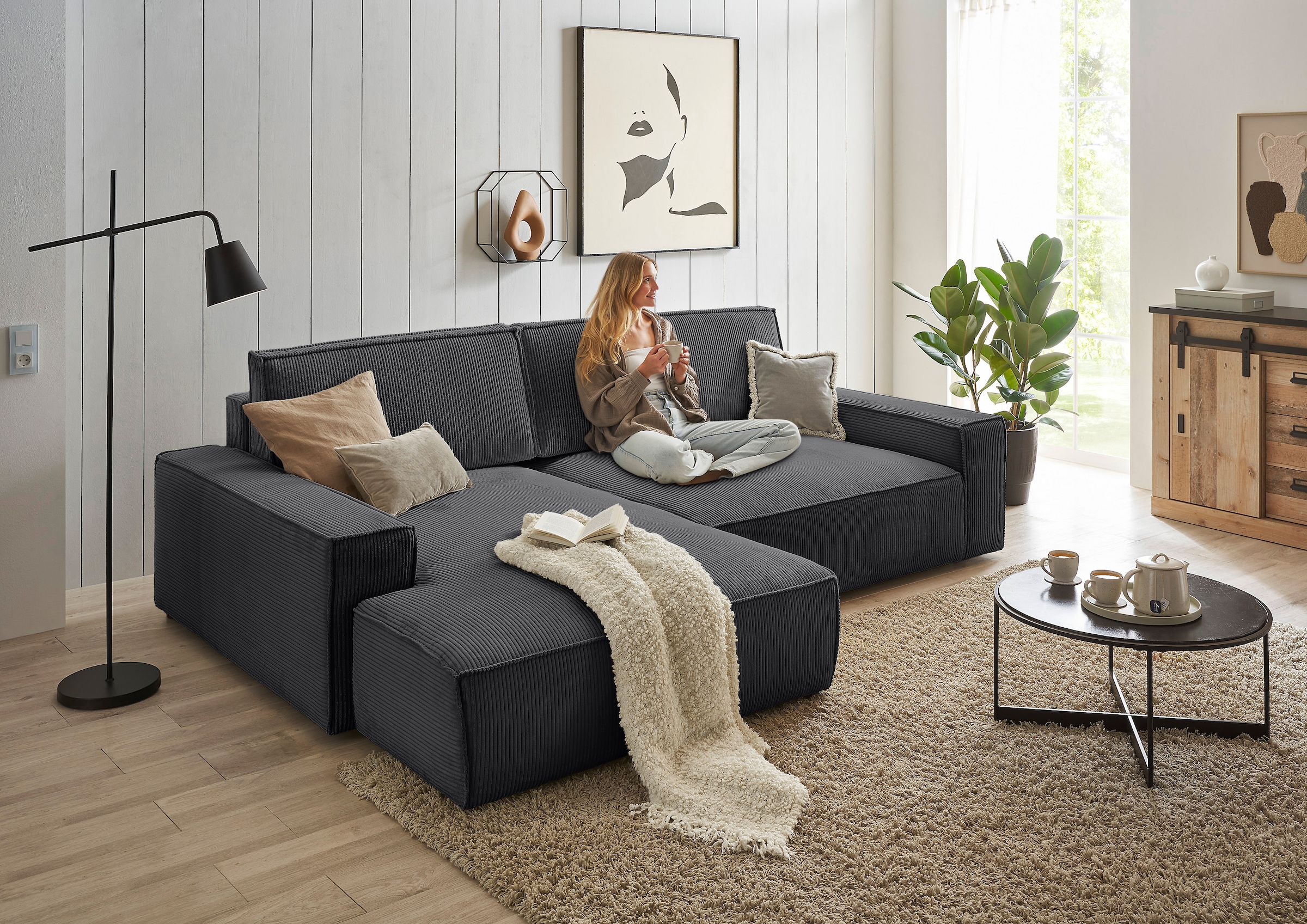 OTTO home Ecksofa "SHERWOOD XXL Cord 284, Big-Sofa L-Form, tiefe Sitzfläche 95 cm" Recamiere rechts/links, als Schlafsofa stellbar, Cord u. Leinenoptik
