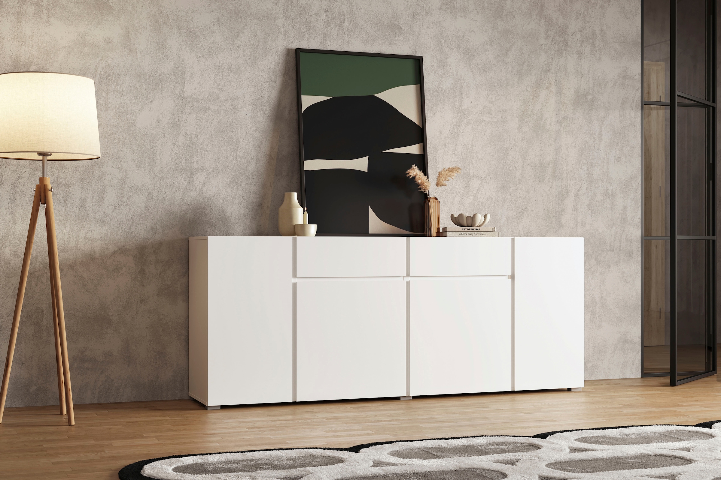 INOSIGN Sideboard »Asymetric, Breite 195 cm, grifflose Kommode 4 Türen/2 Schubkästen«, Schubladenschrank mit viel Stauraum, Einlegeböden verstellbar