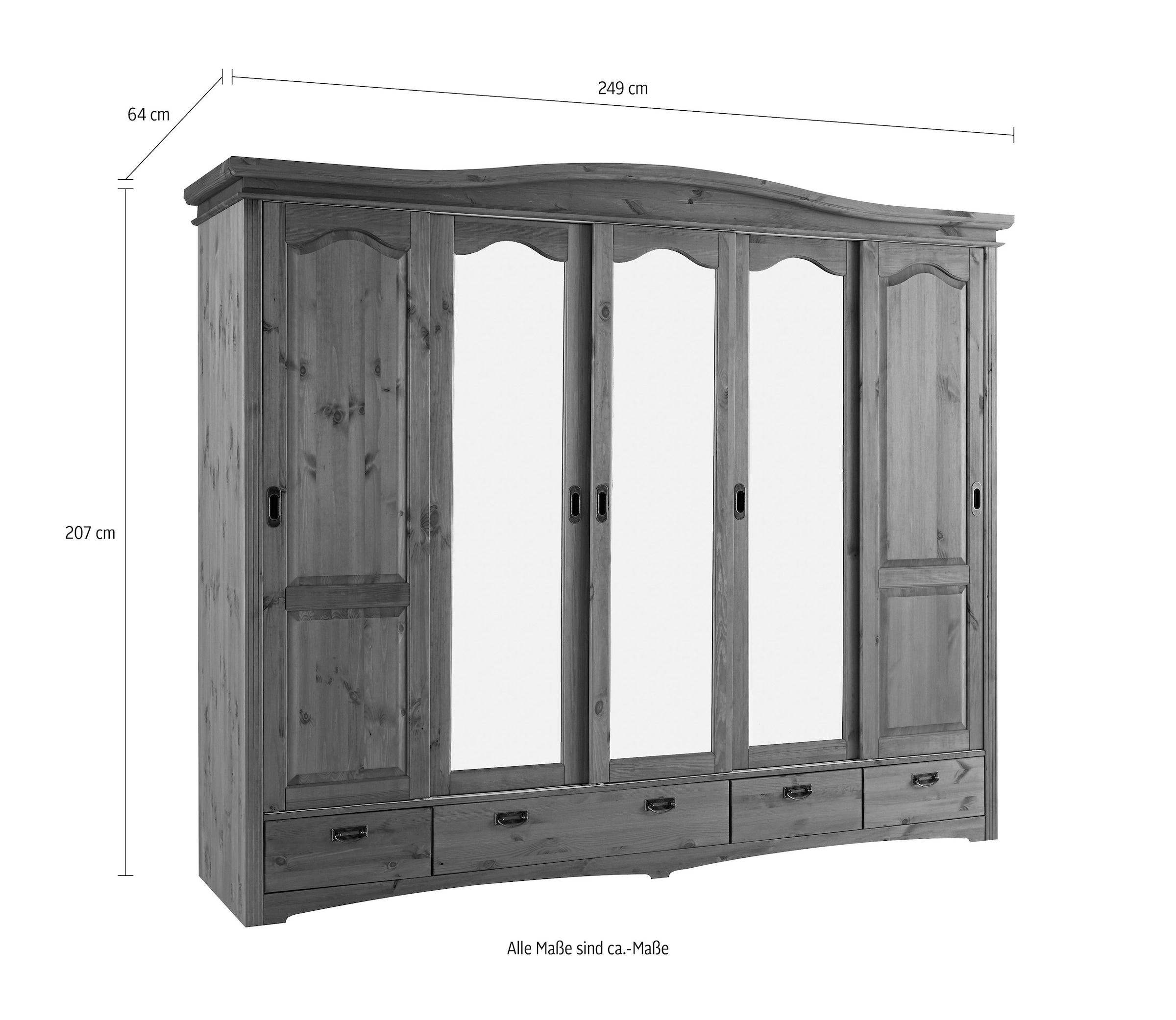 Home affaire Schiebetürenschrank »Konrad, Landhausstil, rustikal, mit Schubladen + Spiegel, Kassetten«, (3 Breiten: 153/202/249 cm H/T ca.207/64 cm), massive Kiefer, FSC®-zertifiziert, Messinggriffe, mehrere Varianten