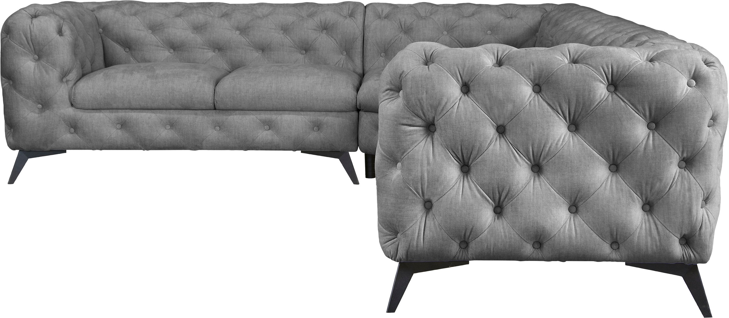 Leonique Chesterfield-Sofa »Ecksofa GLYNIS L-Form mit Wellenunterfederung, Maße B/T/H 323/264/75cm«, aufwändige Knopfheftung, moderne Chesterfield Optik, Fußfarbe wählbar