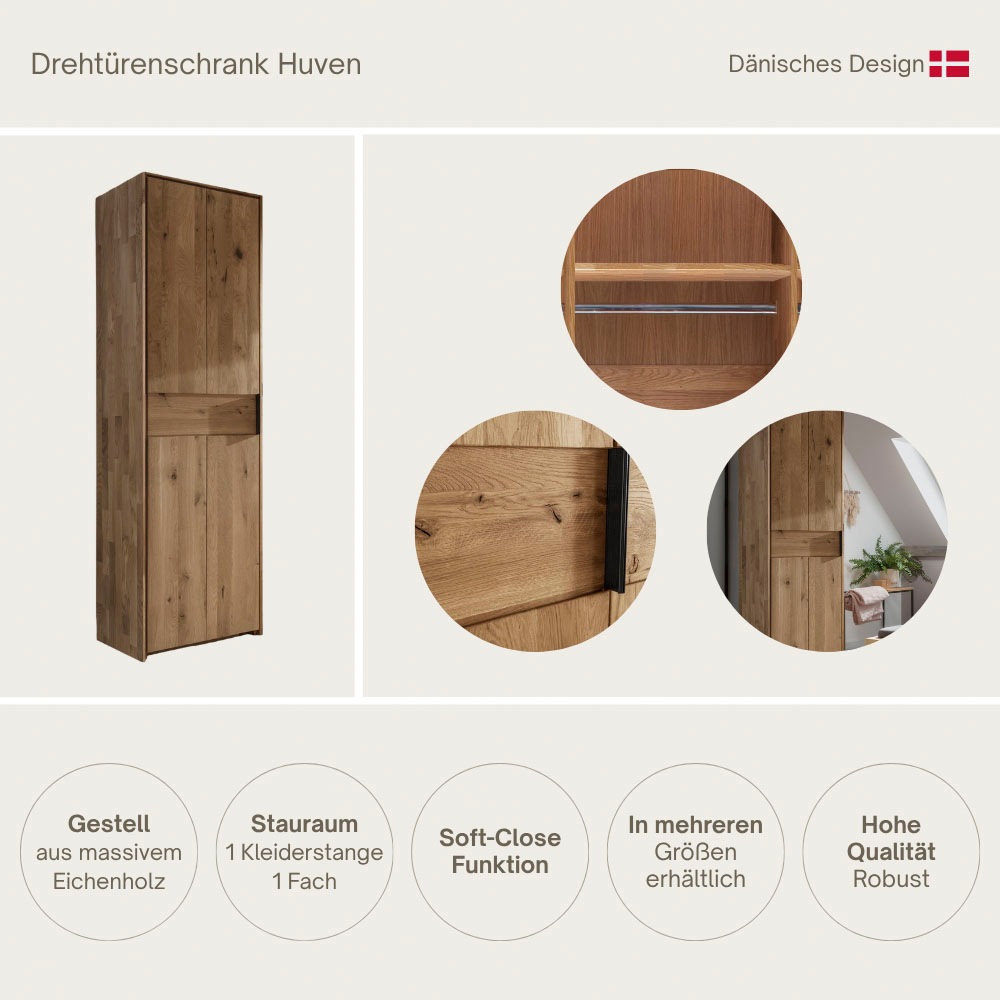 Thumbnail - Home affaire Drehtürenschrank "Huven, Kleiderschrank mit viel Stauraum, aus Massivem Eichenholz" Scandi, 218cm Hoch, 1 K...