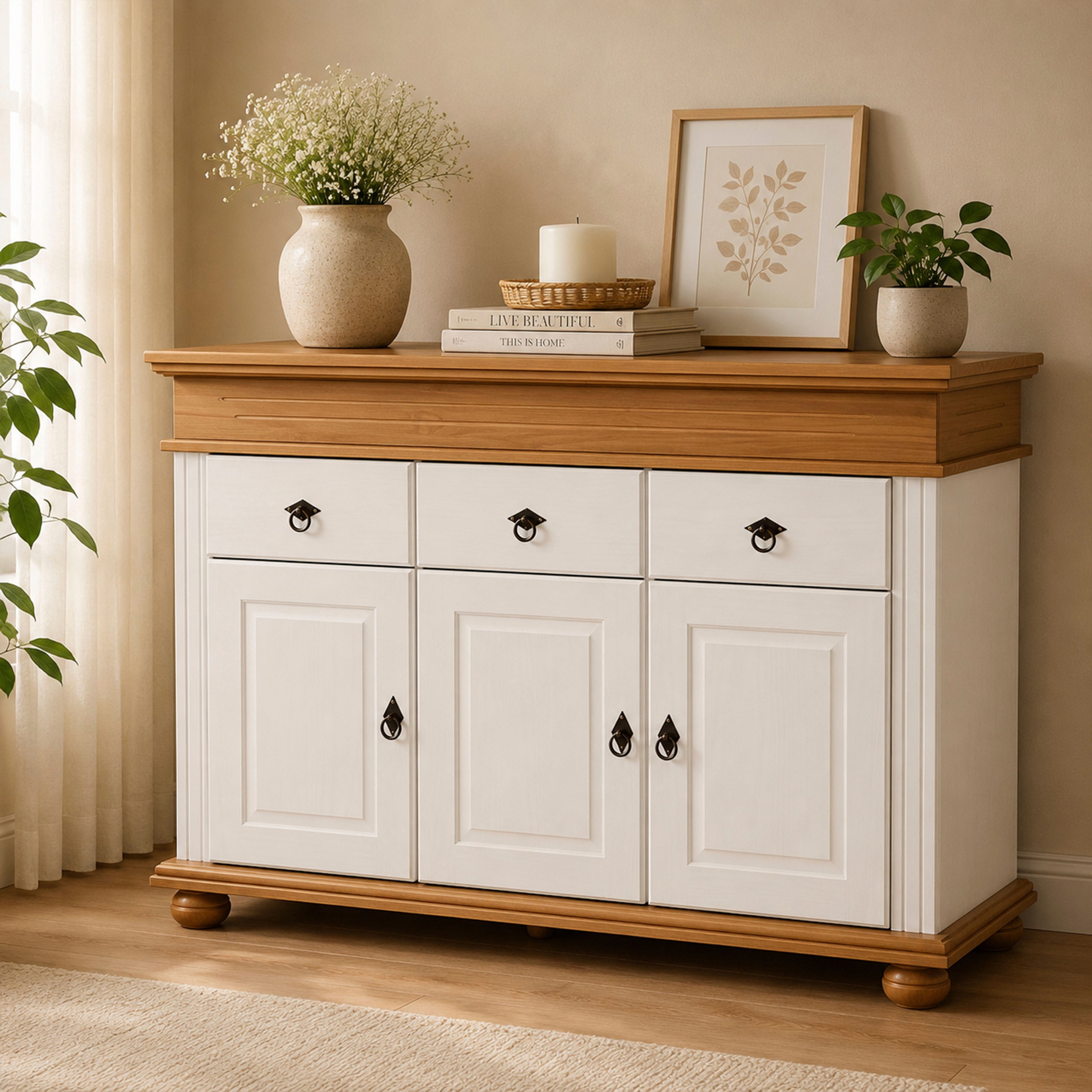 Inter Link Anrichte »Halmaro, Kiefer Massivholz, Soft-close, 141 x 46 x 100 cm, Stauraum« 1 Stk. tlg. Sideboard in Weiss, Braun/Oak, Landhausstil, 3 Türen, 3 Schubladen