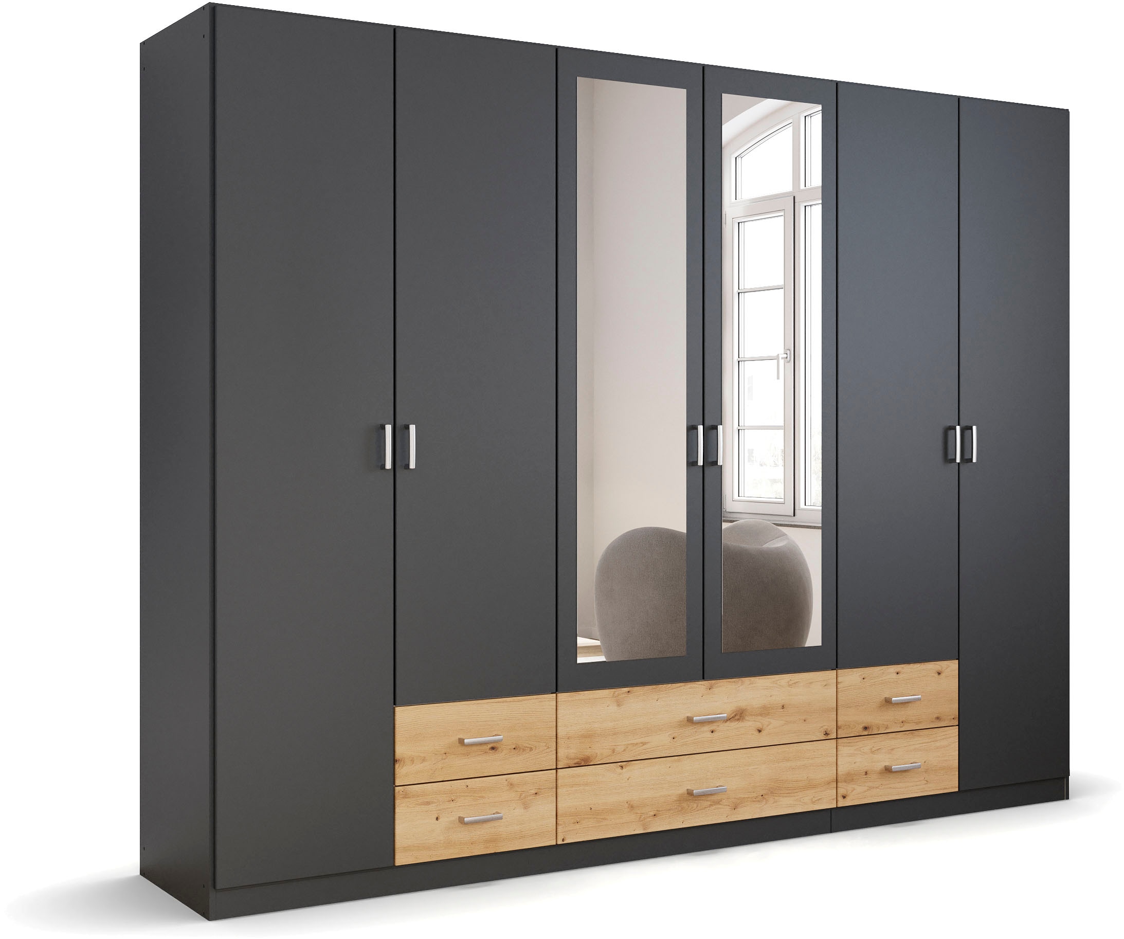 rauch Kleiderschrank "Schrank Garderobe Ankleide GAMMA Breiten 91/136/181/226/271/315/360 cm" in 3 Ausstattungen BASIC/CLASSIC/PREMIUM (inkl. SOFT-CLOSE-Funktion), verschiedene Griff-Varianten, mit Spiegel TOPSELLER MADE IN GERMANY