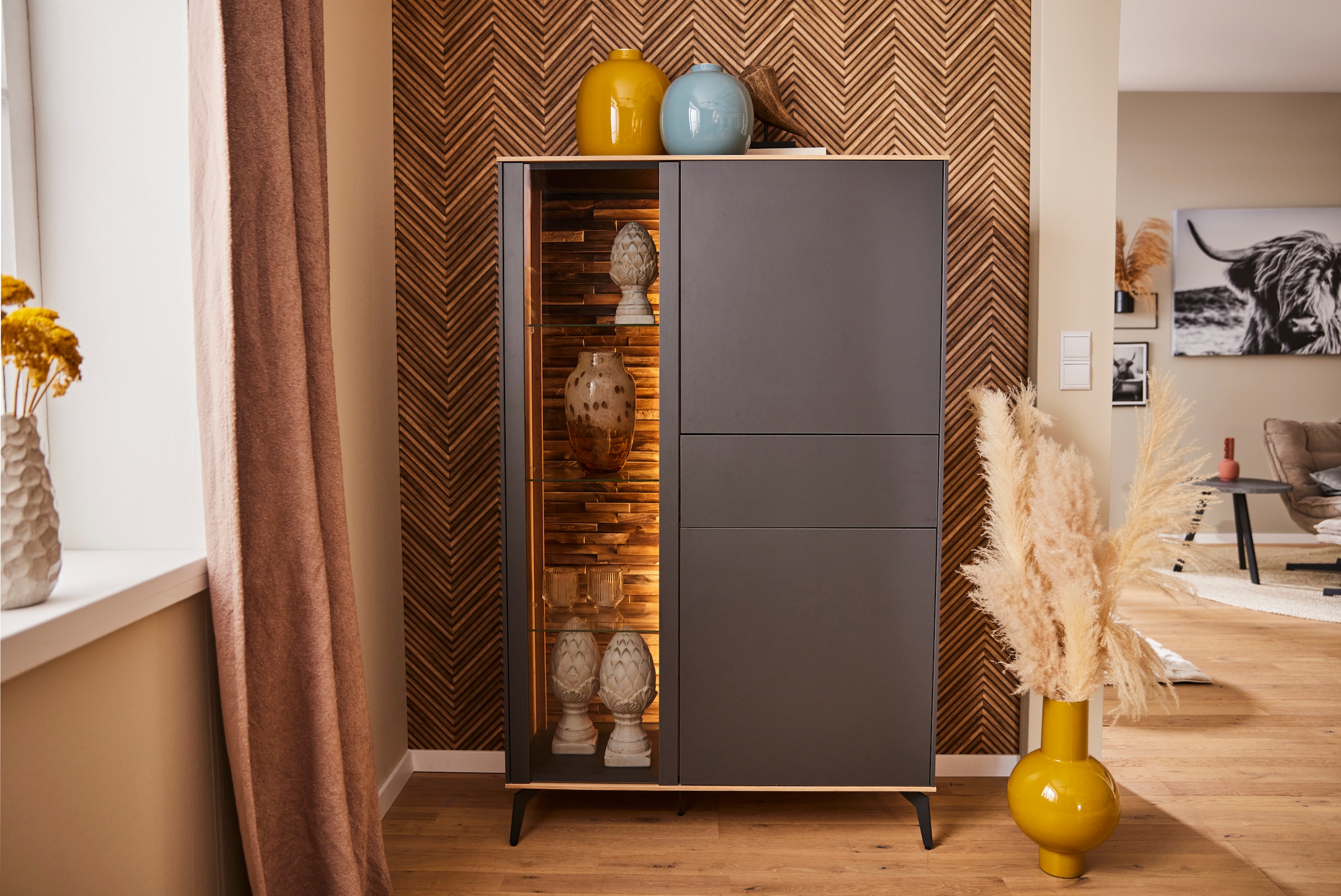 Mäusbacher Highboard, Faro Highboard B 101 cm, inkl. Beleuchtung, Push to open, Metallfüße