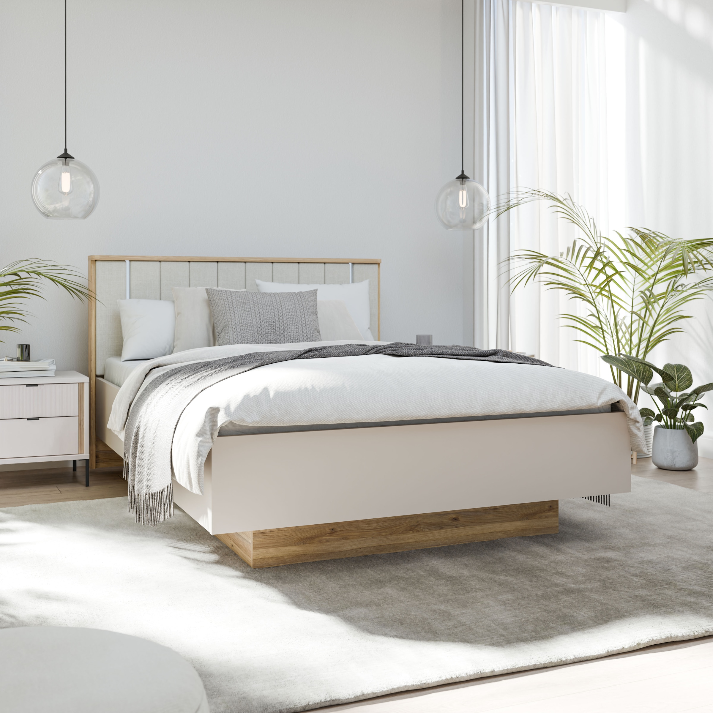 FORTE Bettgestell »Forte Seravel Bettanlage 140 o.160,  Lamellenoptik, warme Holznuancen« inklusive Beleuchtung, aufklappbarer Lattenrost, Stauraum