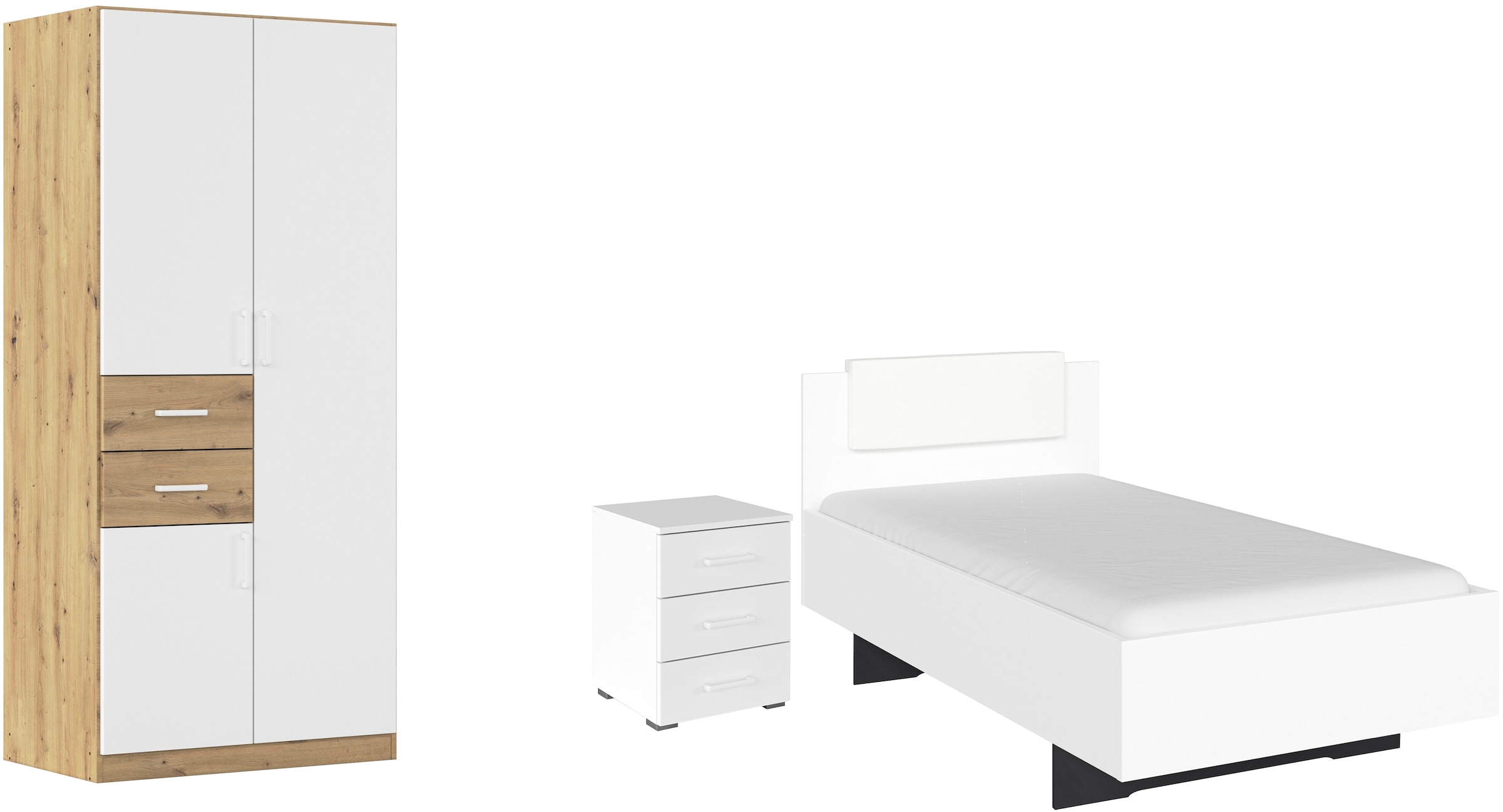 rauch "Komplettzimmer Komplettschlafzimmer Schlafzimmer-Set (3-St.) MAIKA" Set, 3 Stk. tlg. Schrank 3 Breiten, 2 Höhen, Bett 100 cm, Nachttisch MADE IN GERMANY