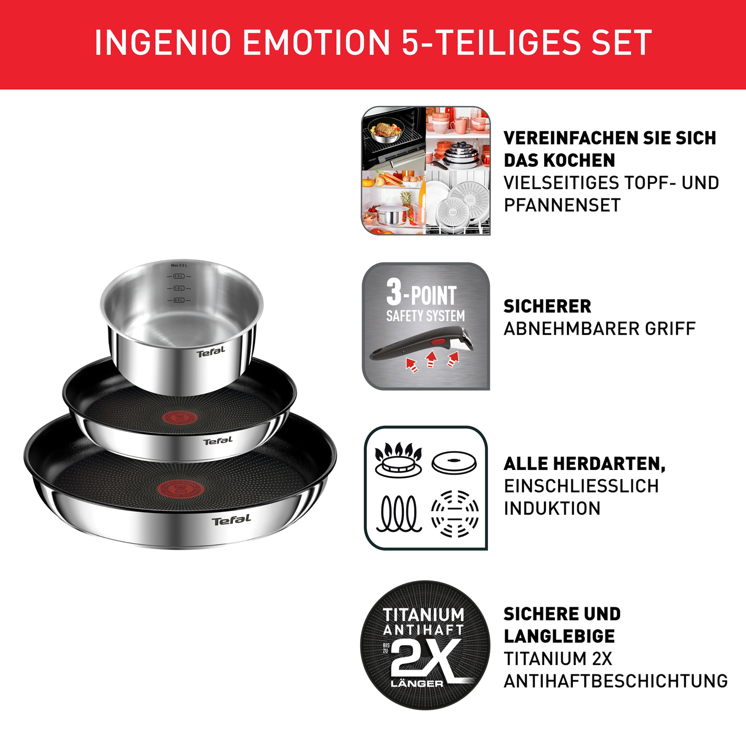 Tefal Pfannen-Set »Ingenio Emotion« Edelstahl Set, 5 Stk. tlg. abnehmbarer Griff, Antihaftversiegelung, Thermo-Signal, Induktion
