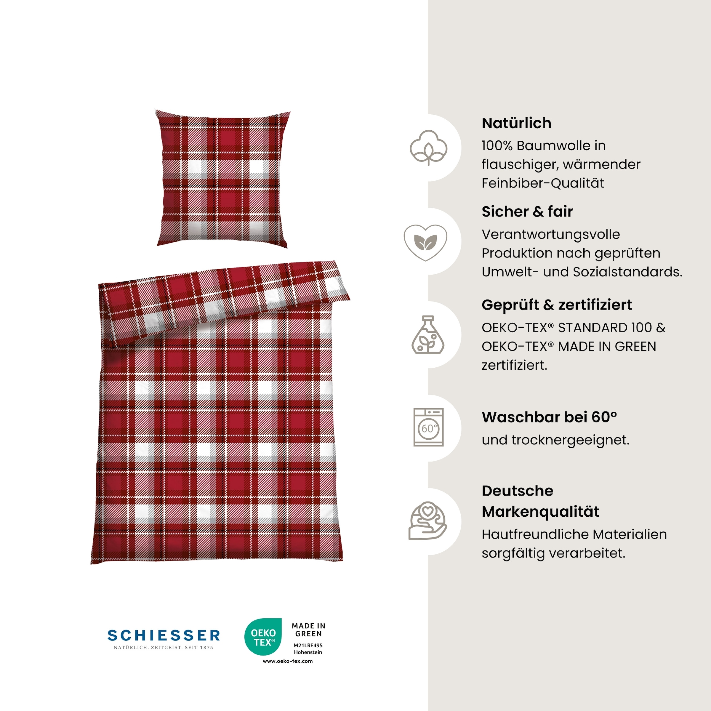 Schiesser Bettwäsche »Metor aus weichem Baumwollflanell mit Winterkaros« 2 Stk. Made in Green