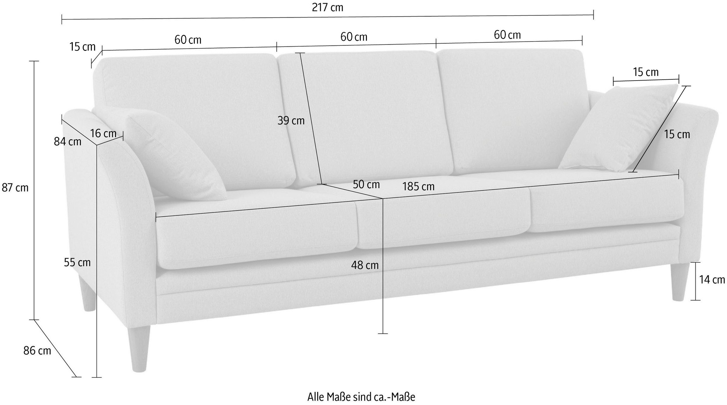 Home affaire 3-Sitzer »Arellano, Breite 217 cm«, klassisches Design, 2 Zierkissen inklusive, Webstoff fein