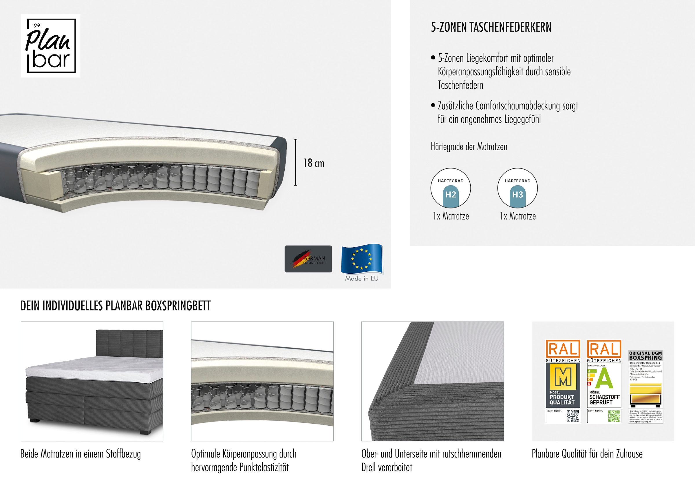 Die PlanBar Boxspringbett »OC-ON21088« inkl. Matratzen u. Bonellfederkern Unterbau, Stauraum, 160/180x200cm