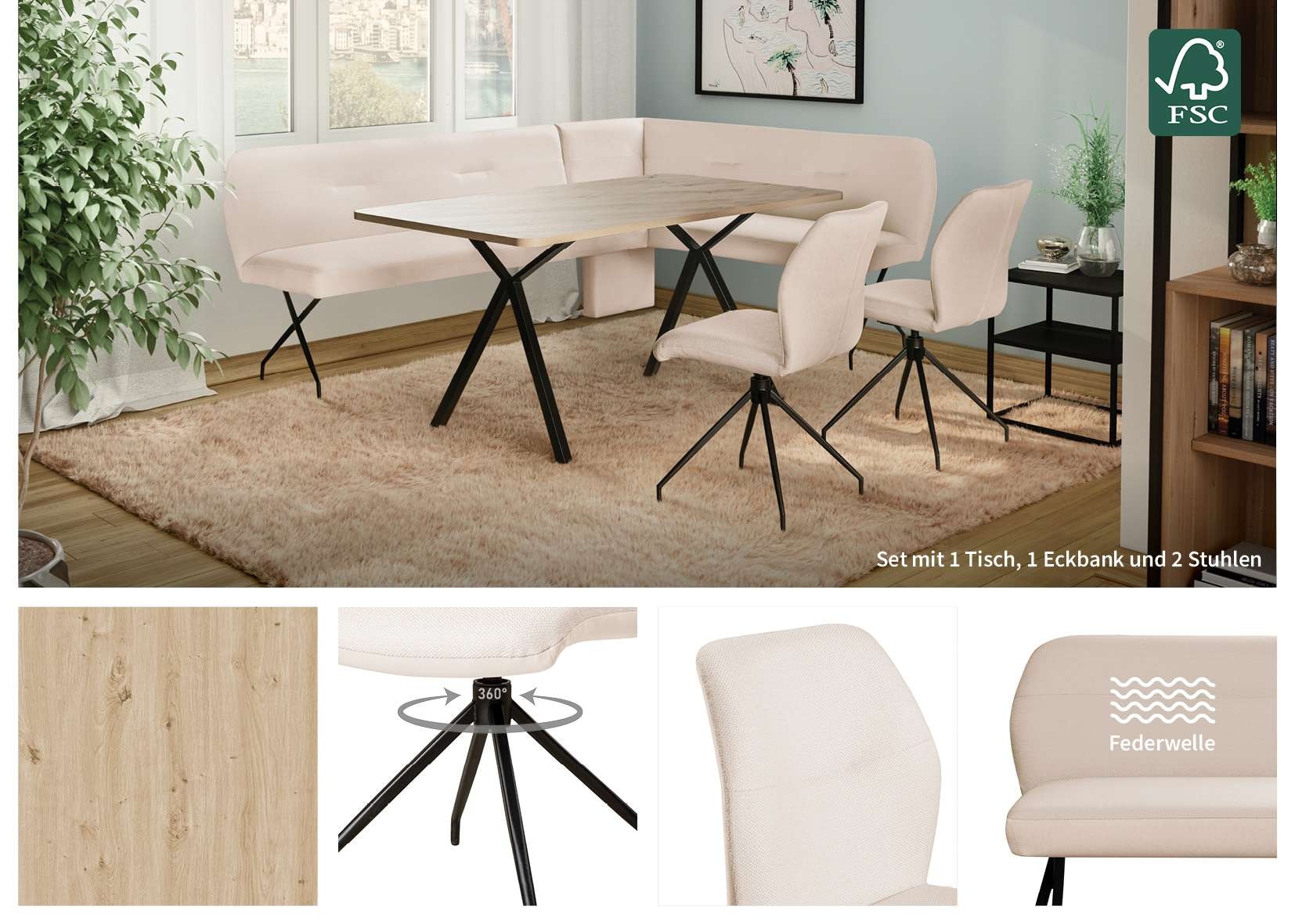 OTTO home Eckbankgruppe »Gabi Essecke, Sitzgruppe, Eckbankgruppe, Küchenbankgruppe« Set, 4tlg, 4 tlg. tlg. Stuhl: 360° drehbar (Rückst.), 2-Stoff-Design. Wellenfederung Eckbank