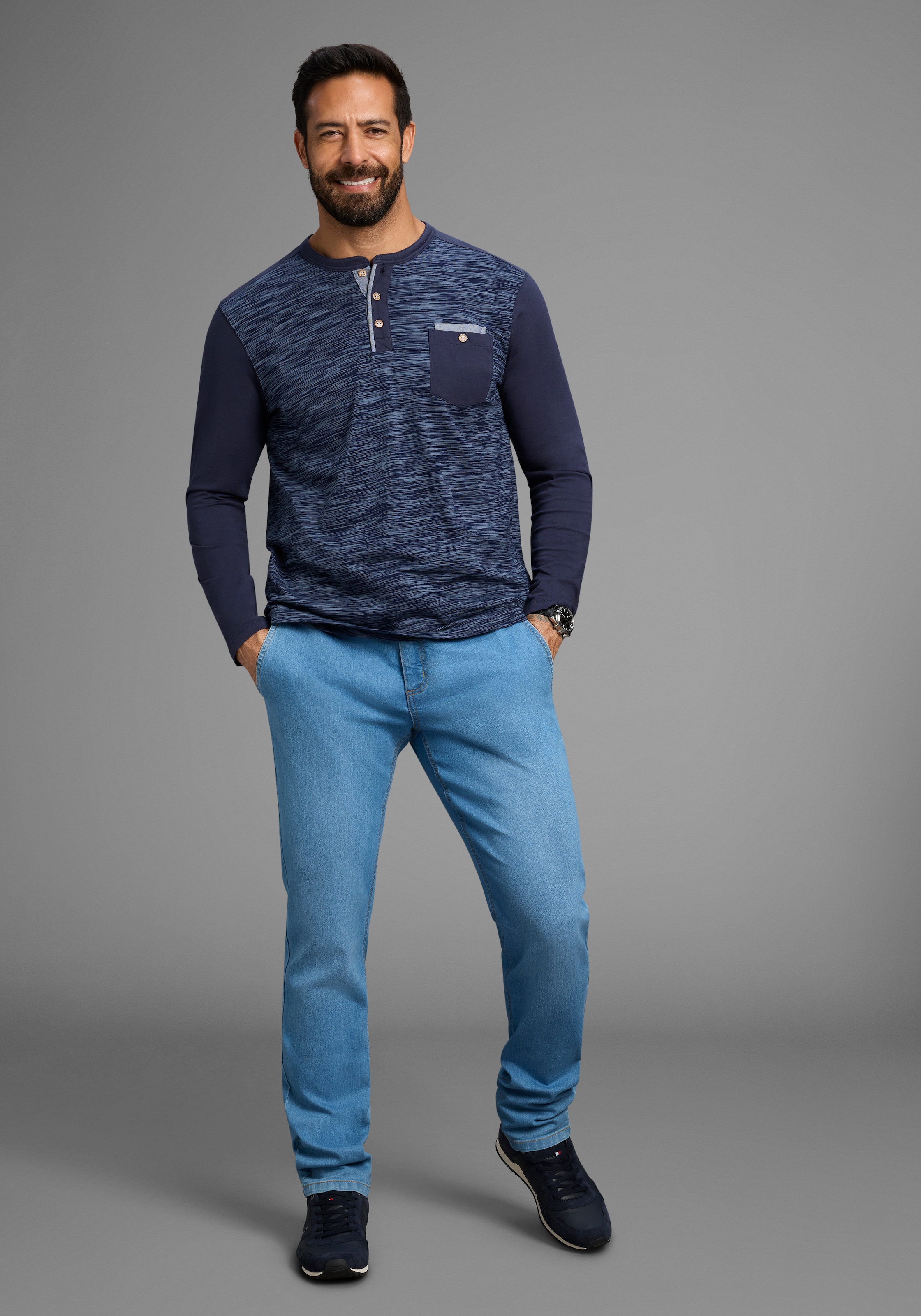 Arizona Longsleeve, Langarm, melierte Optik, Rundhalsausschnitt mit Knopfleiste