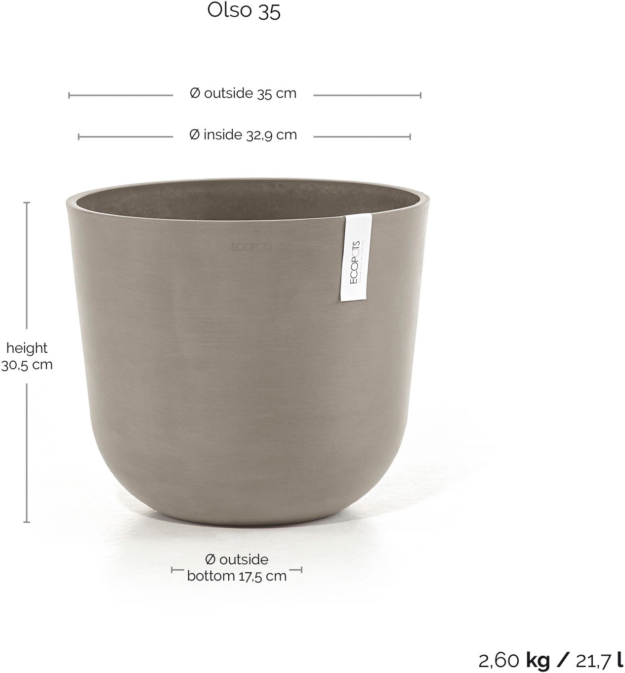 ECOPOTS Blumentopf »Oslo 35 Taupe« für innen und außen: frostsicher, bruchsicher und lichtbeständig