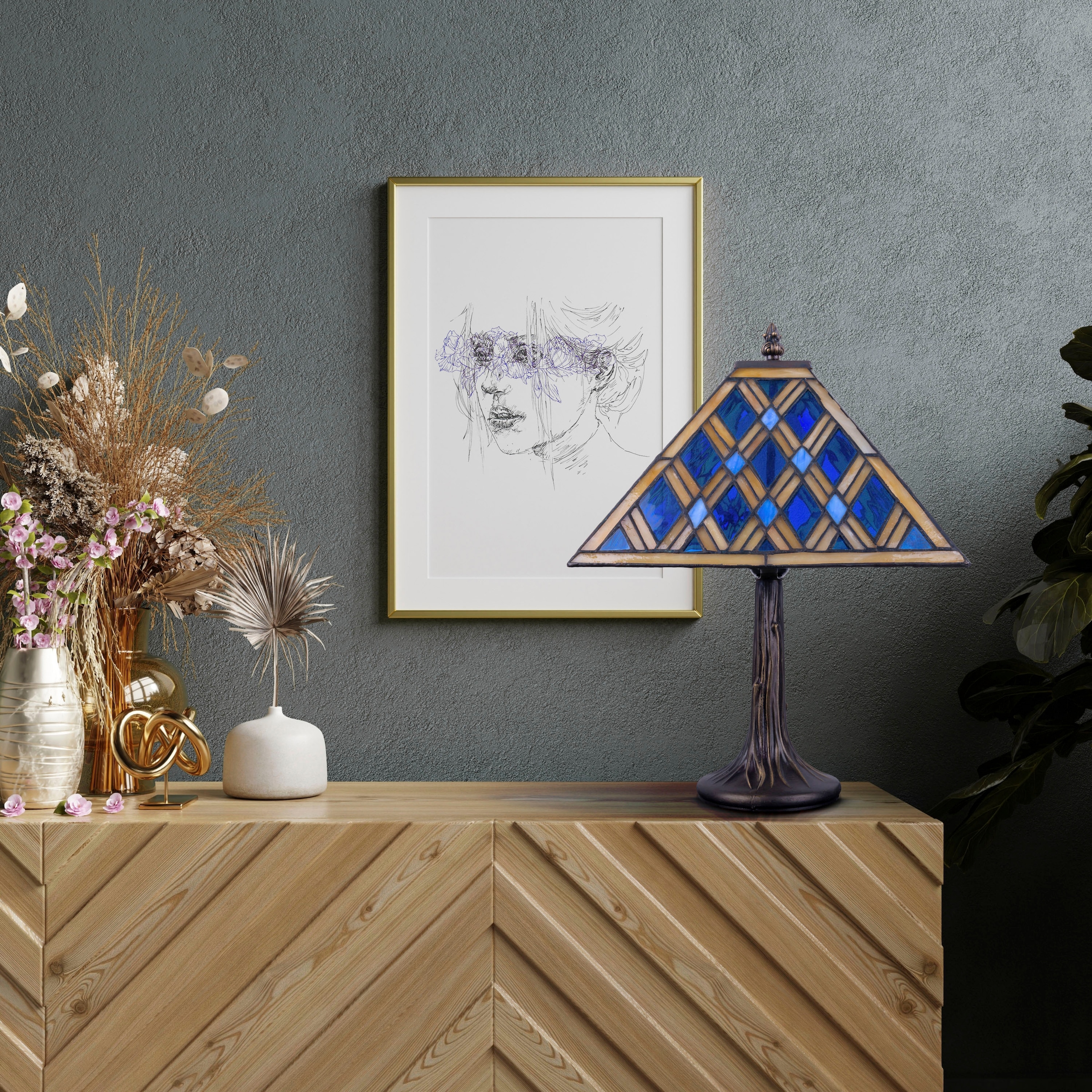 näve Tischleuchte »Pyra«, 1 pyramidenförmig flammig-flammig, E14 Rautenmuster mit | Glas blau Tiffany-Stil BAUR