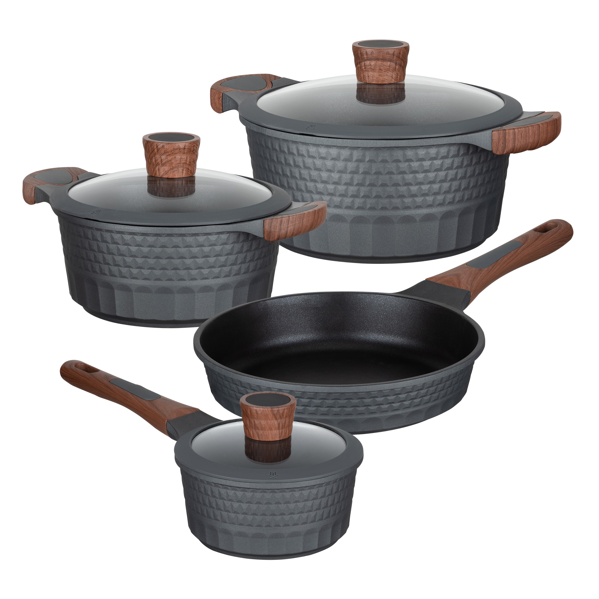 RESTO Kitchenware Topf-Set "CAPELLA - Einzigartiges Design mit 3D-Effekt, antihaftbeschichtet" Set, 1x Soßentopf Ø 16 cm, 2x Kochtopf Ø 20/24 cm, 1x Bratpfanne Ø 24 cm, 7 tlg. Aluminiumguss