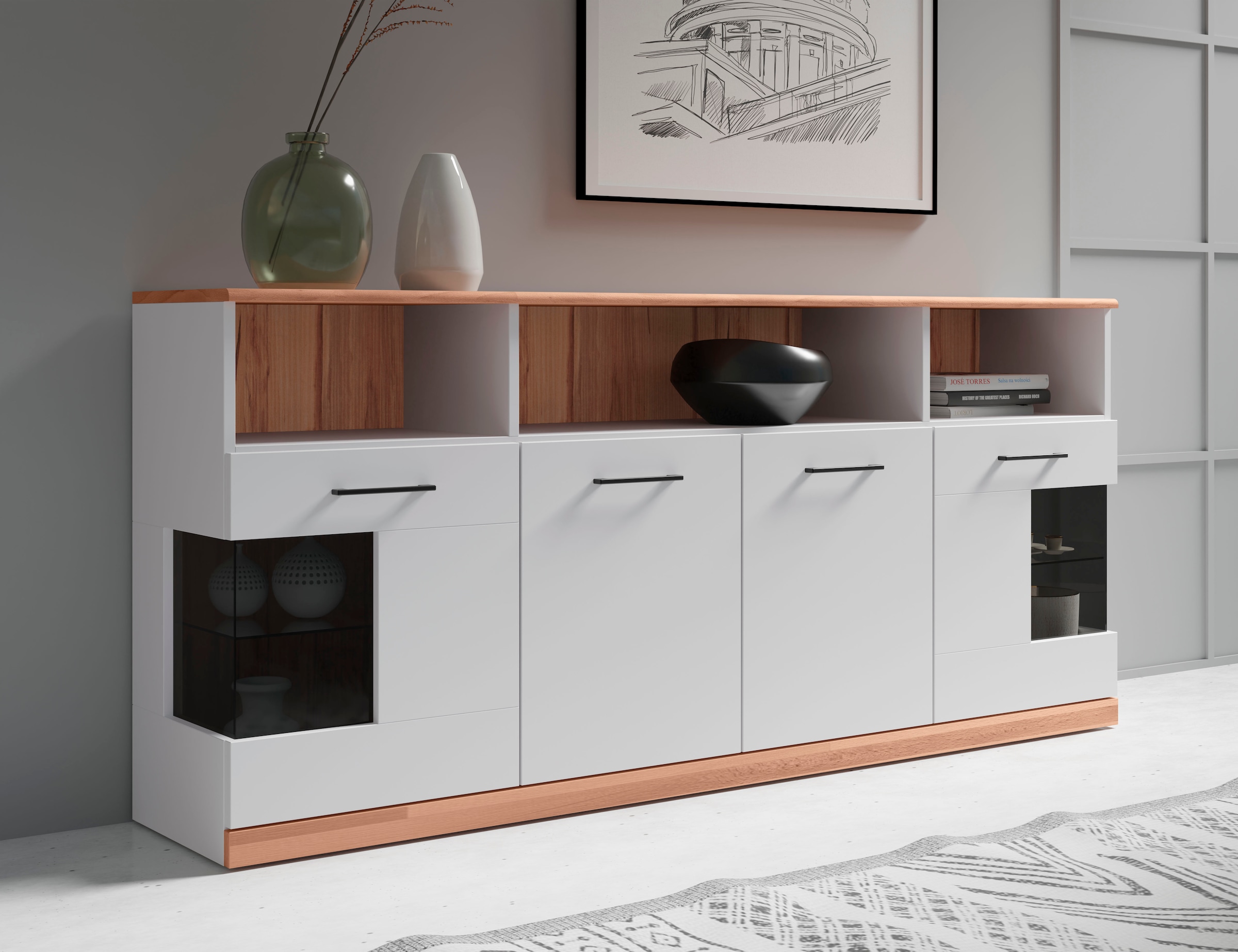 Home affaire Sideboard "Ribe,180cm breit,Oberplatte aus Massivholz, 9 Fäche günstig online kaufen