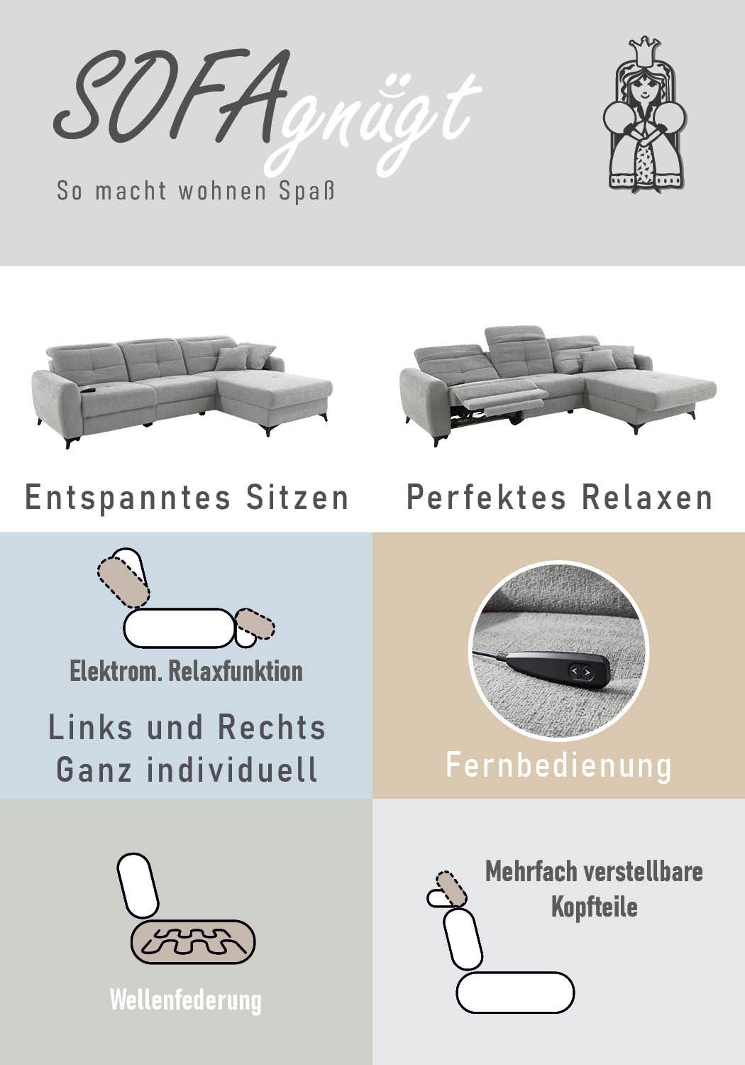 Jockenhöfer Gruppe Ecksofa »Chillout L-Form, B: 288 cm, elektr. Relaxfunktion im Sitz und Ottomane« 140kg Belastbarkeit je Sitz, Kopfteilverstellung & Zierkissen