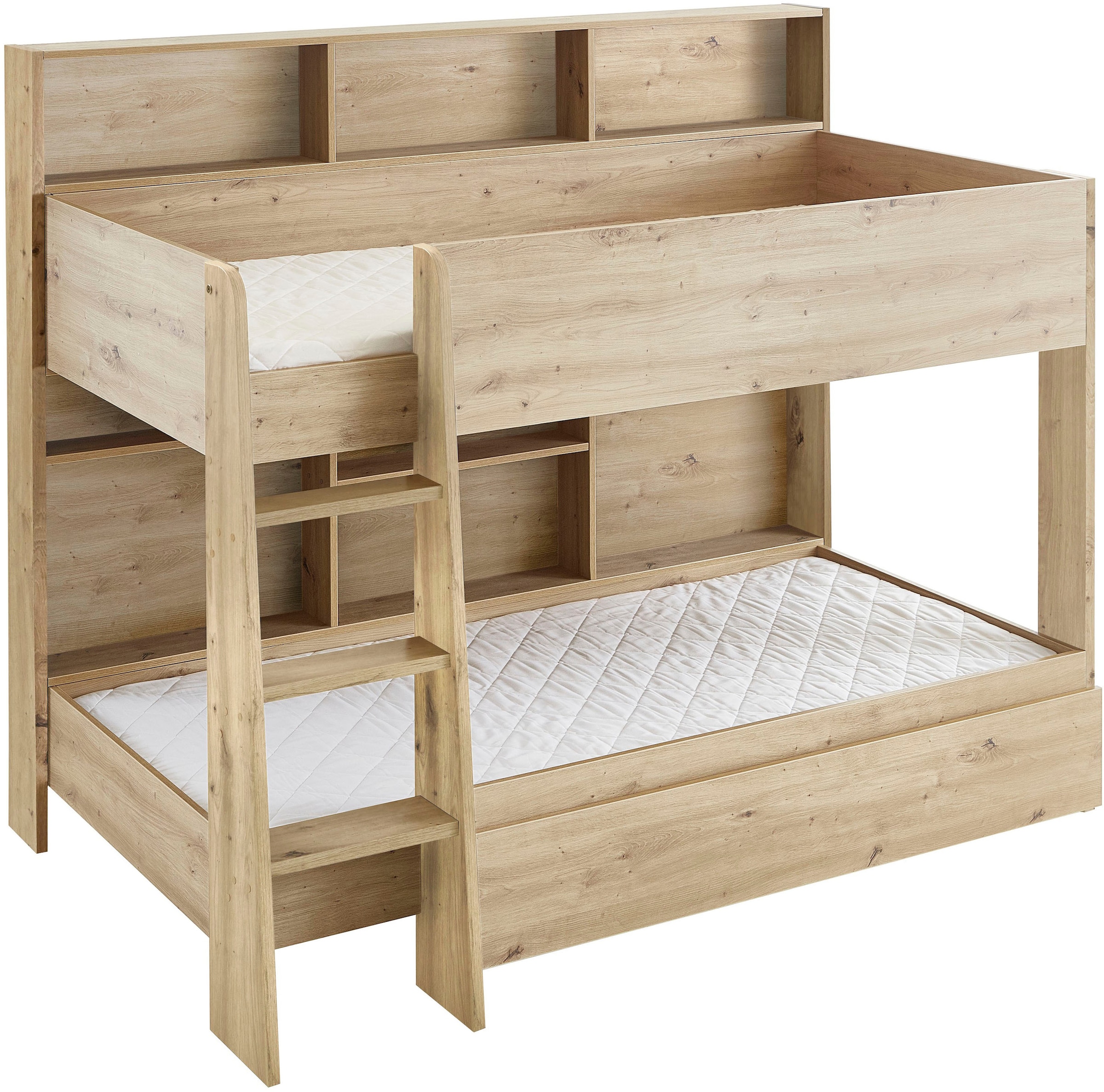 Relita Etagenbett "Sely, viel Funktion auf kleinem Raum, 2 Liegeflächen, modernes Design" viele Regalfächer an der Bettrückseite, inkl. Schublade auf Rollen, viel Stauraum, pflegeleichte Melamin Oberfläche, 3 Farben zur Wahl
